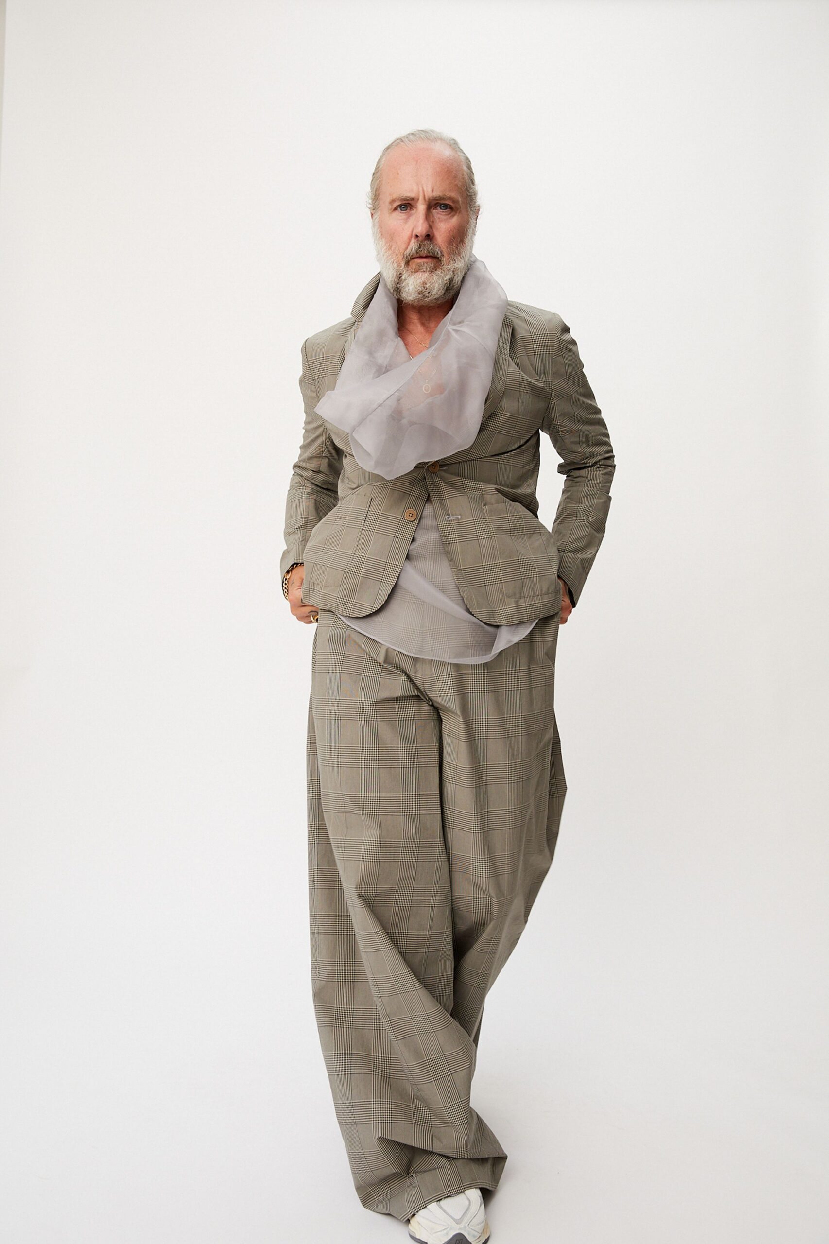 gray tailored blazer with wide-leg pants