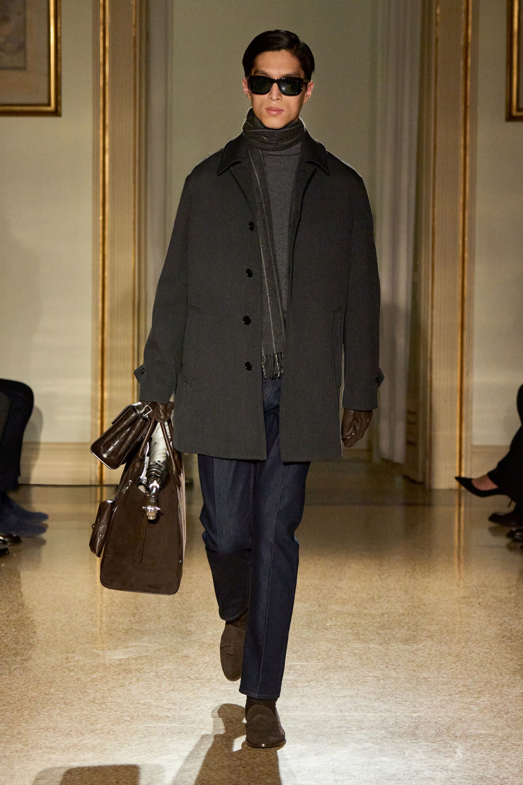 black wool coat with gray turtleneck