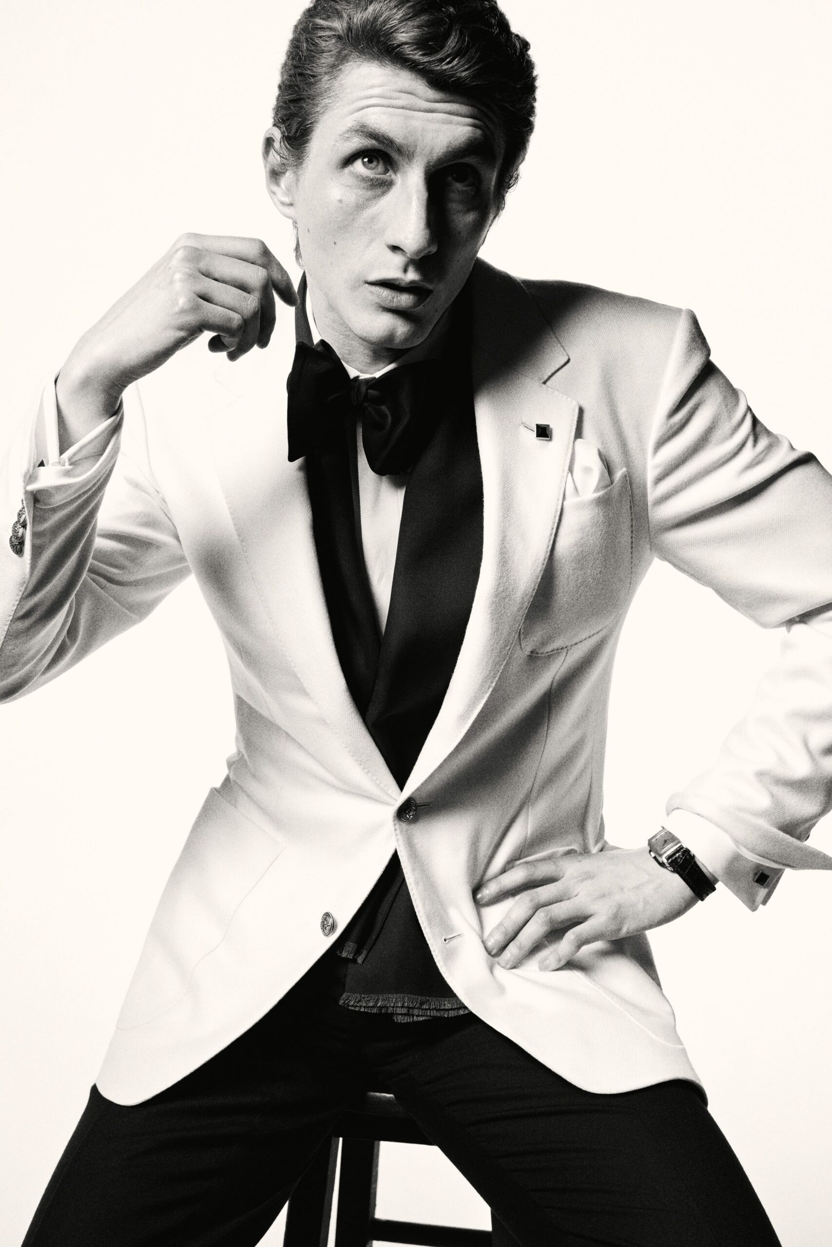 white tailored blazer with black shirt