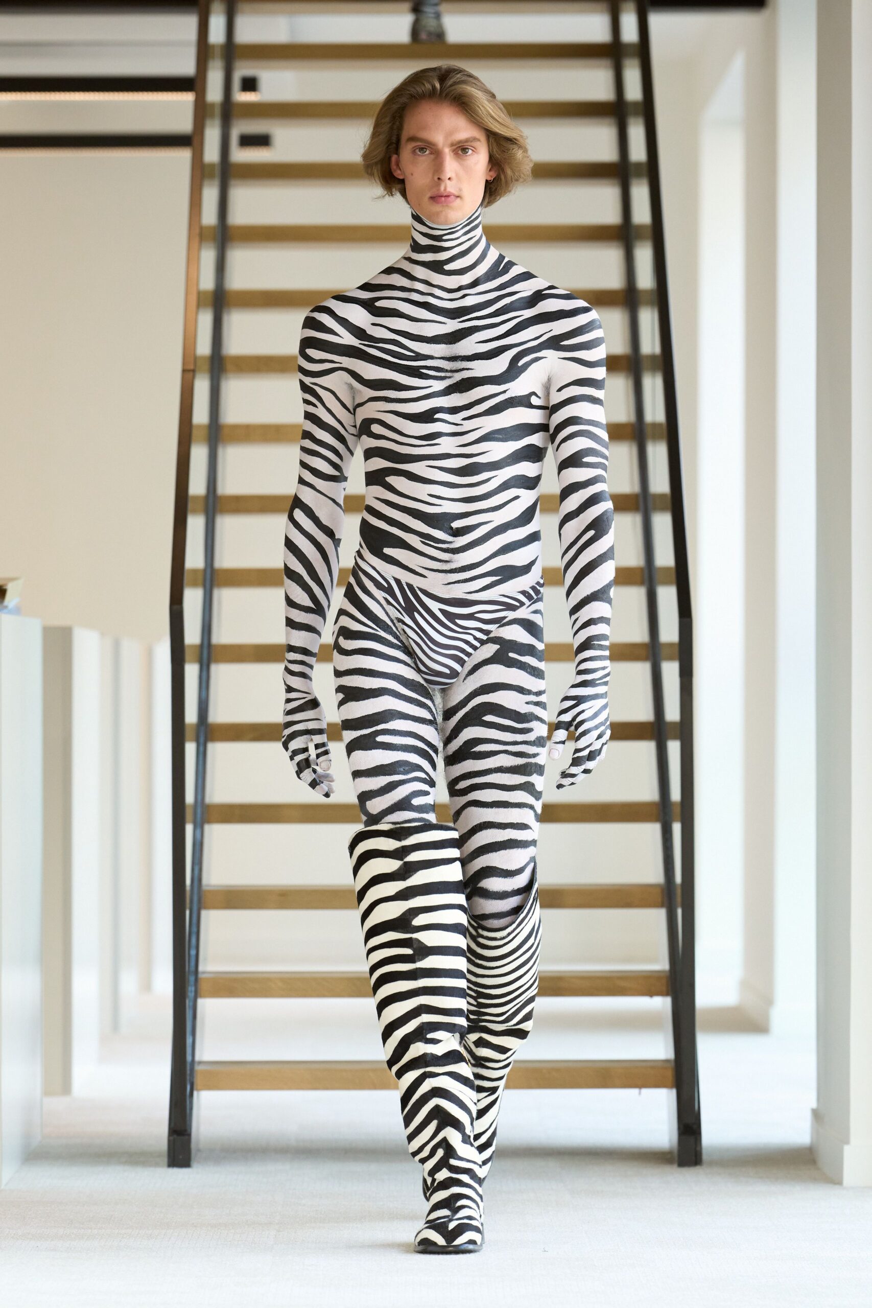 black and white animal-print catsuit