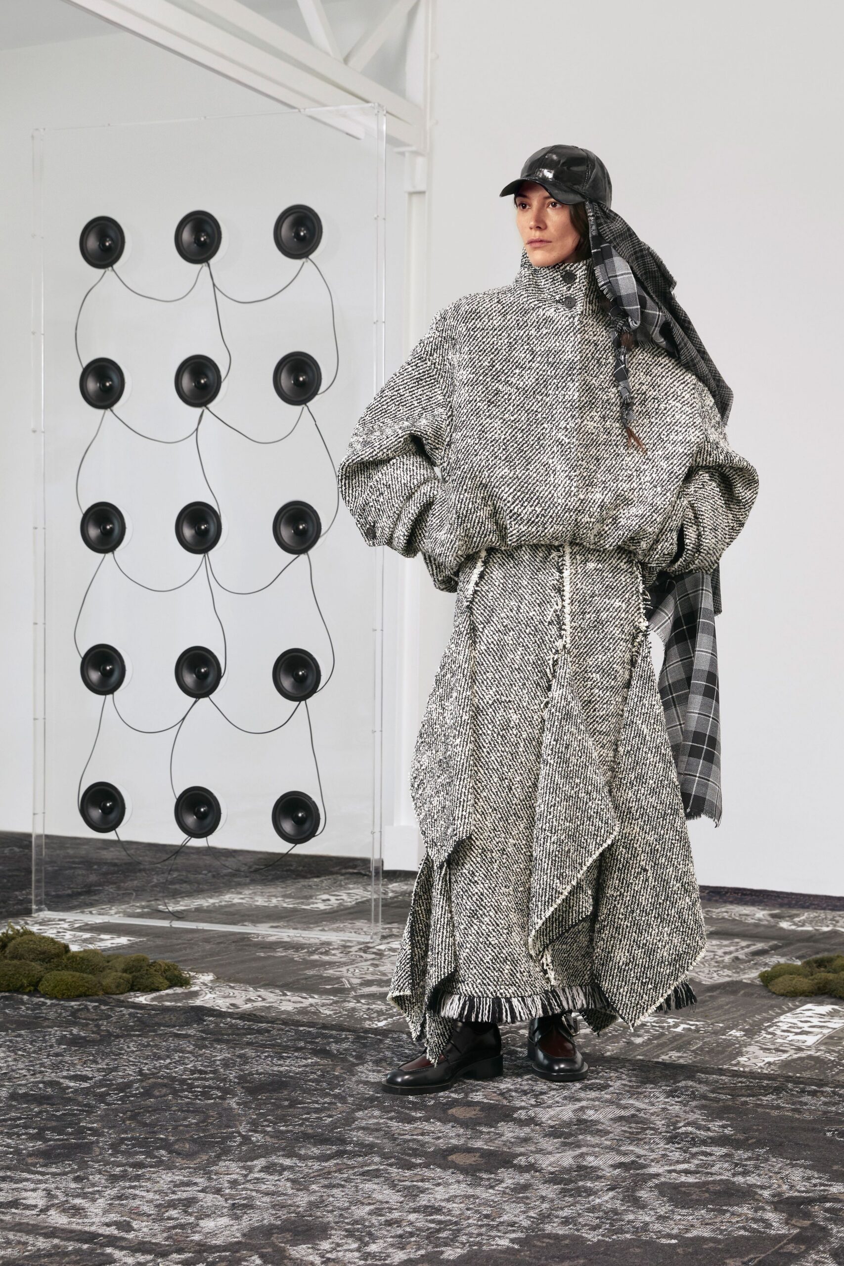 black wool long-sleeve high-neck oversized fringed layered dress