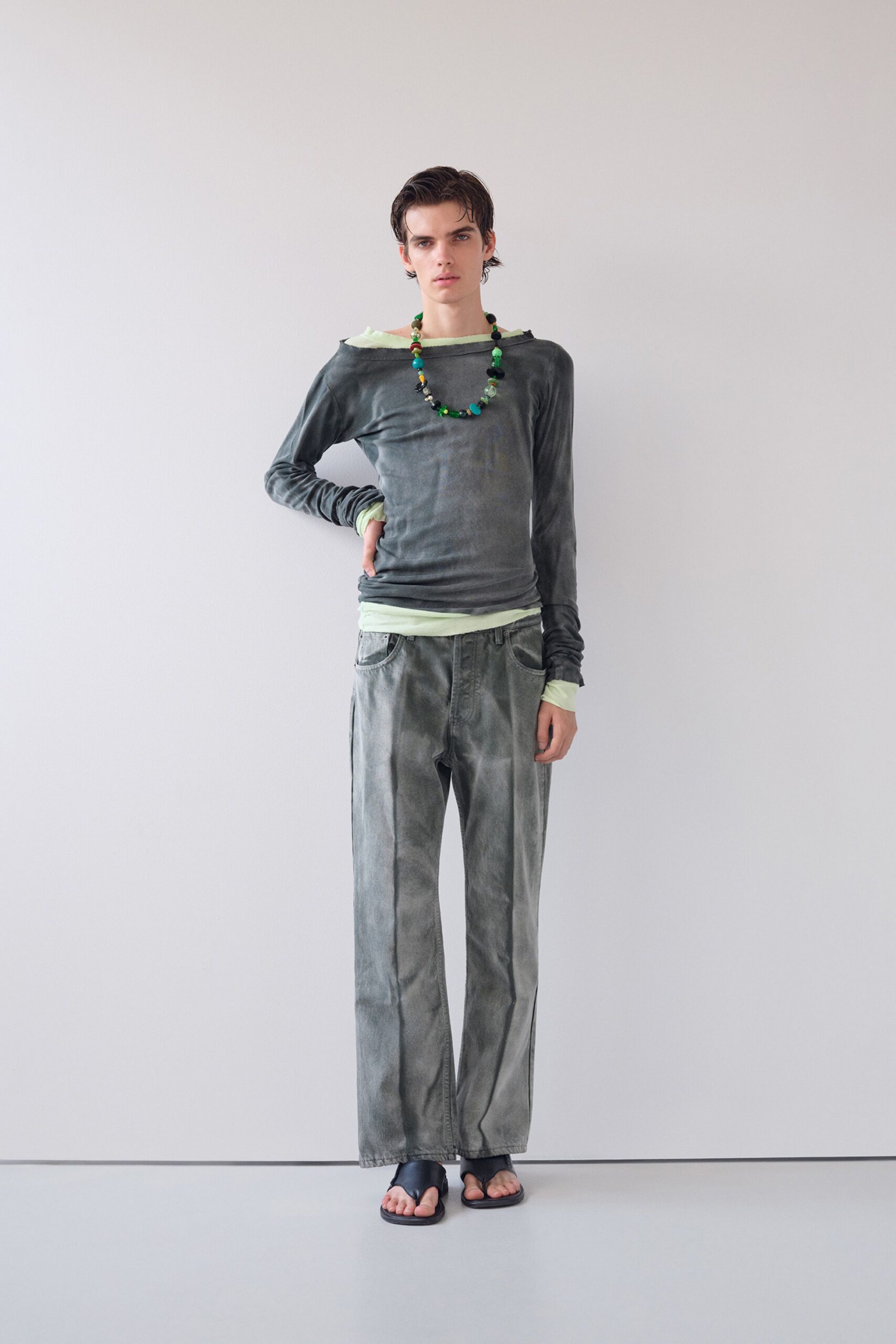 gray fitted top with relaxed pants