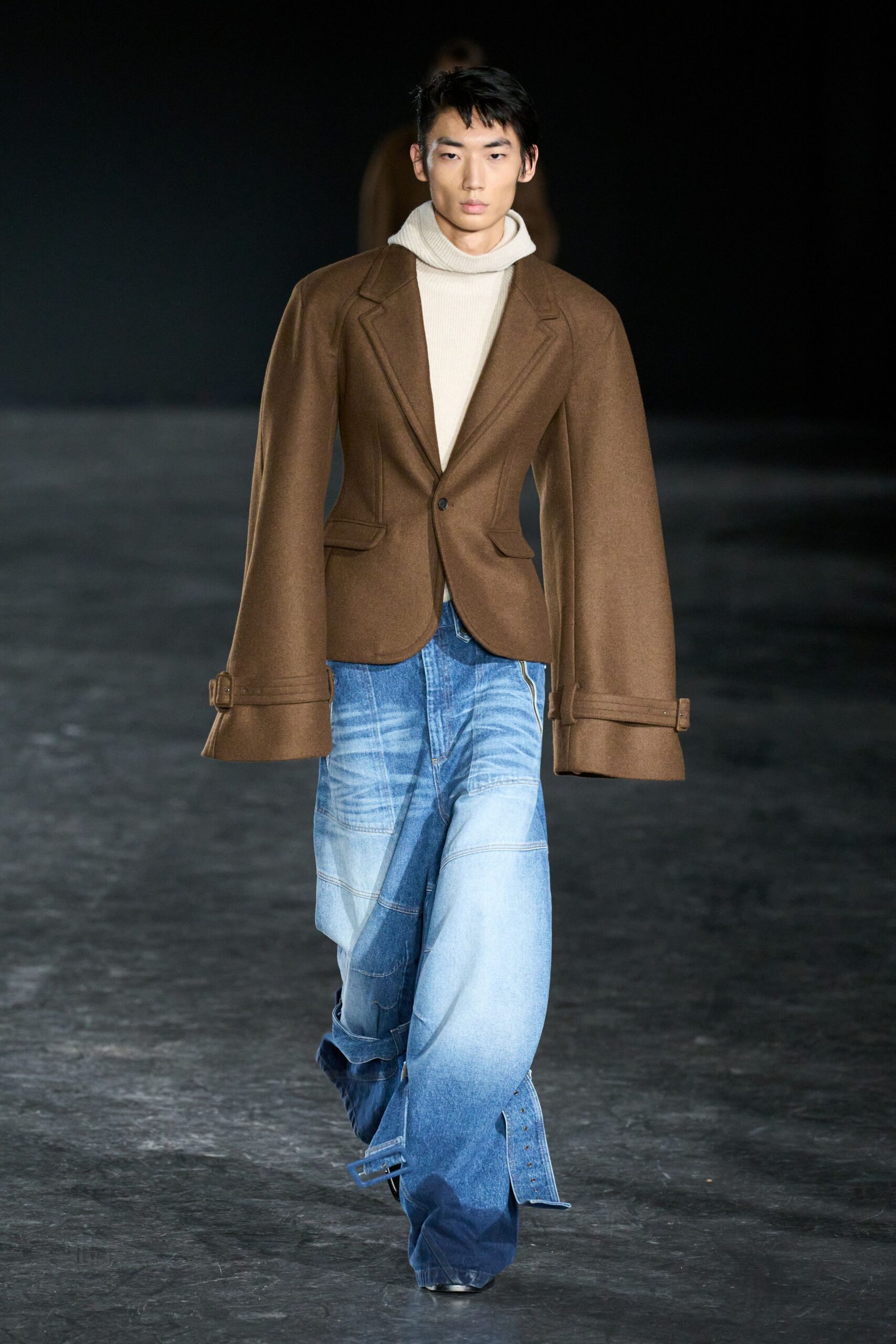 brown wool blazer with denim pants