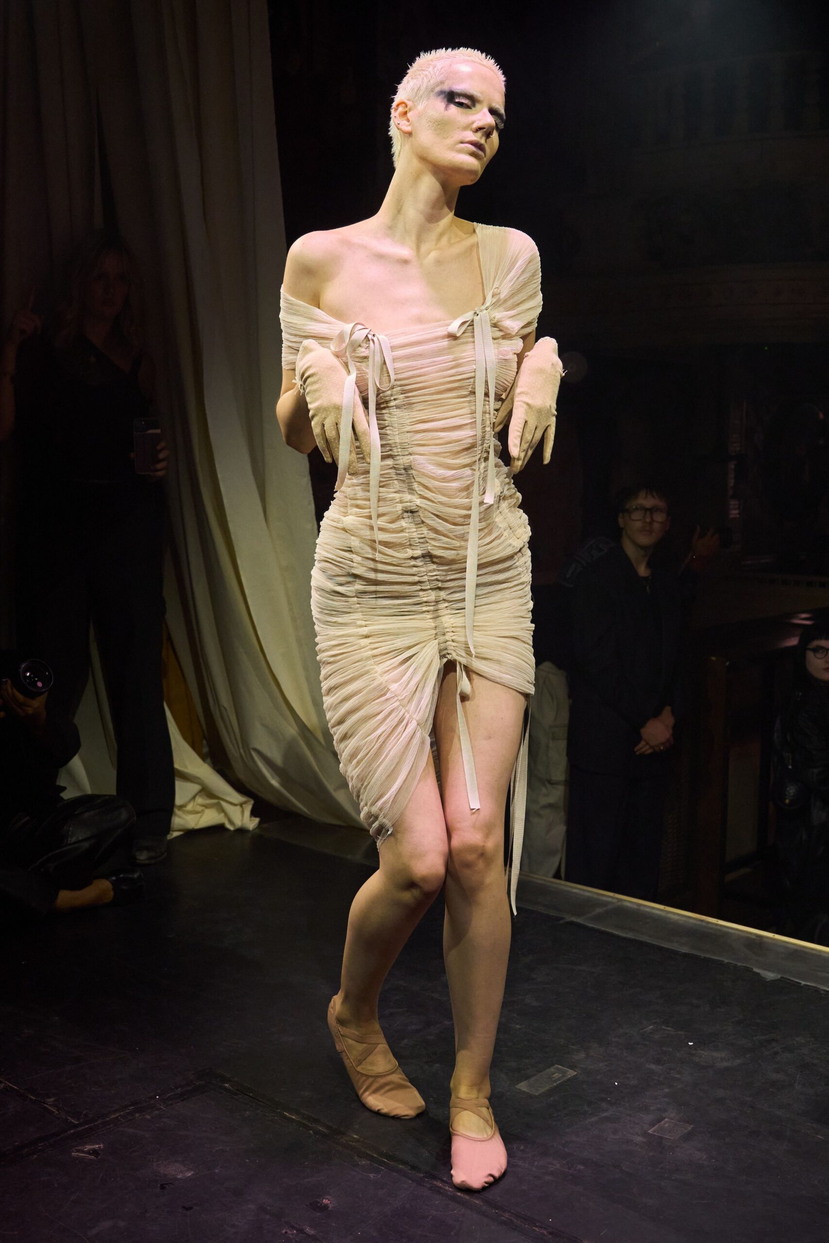 beige silk sleeveless off-shoulder fitted ruched sheer dress
