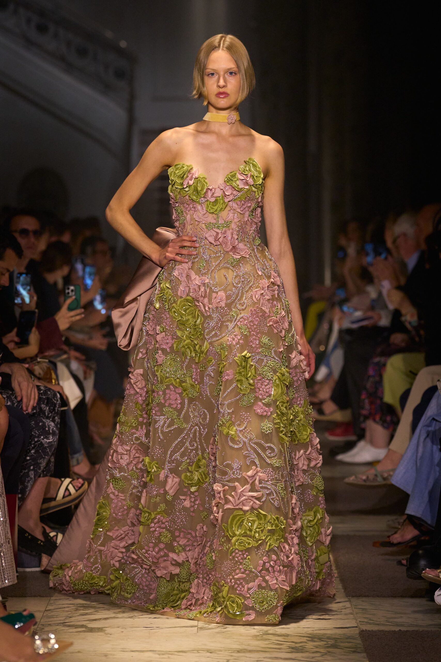 pink green floral embroidered gown