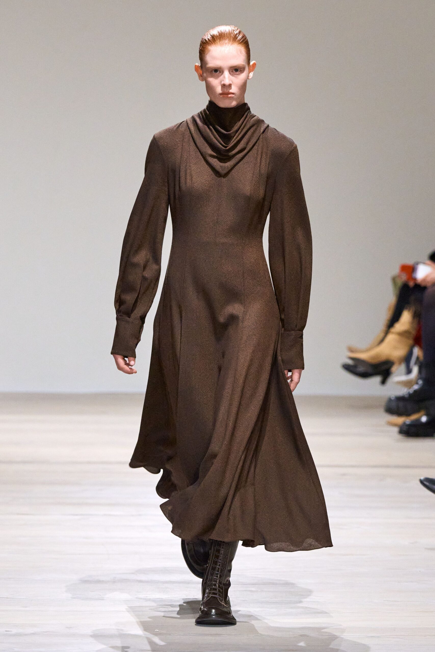 brown wool long-sleeve high-neck fitted draped maxi dress