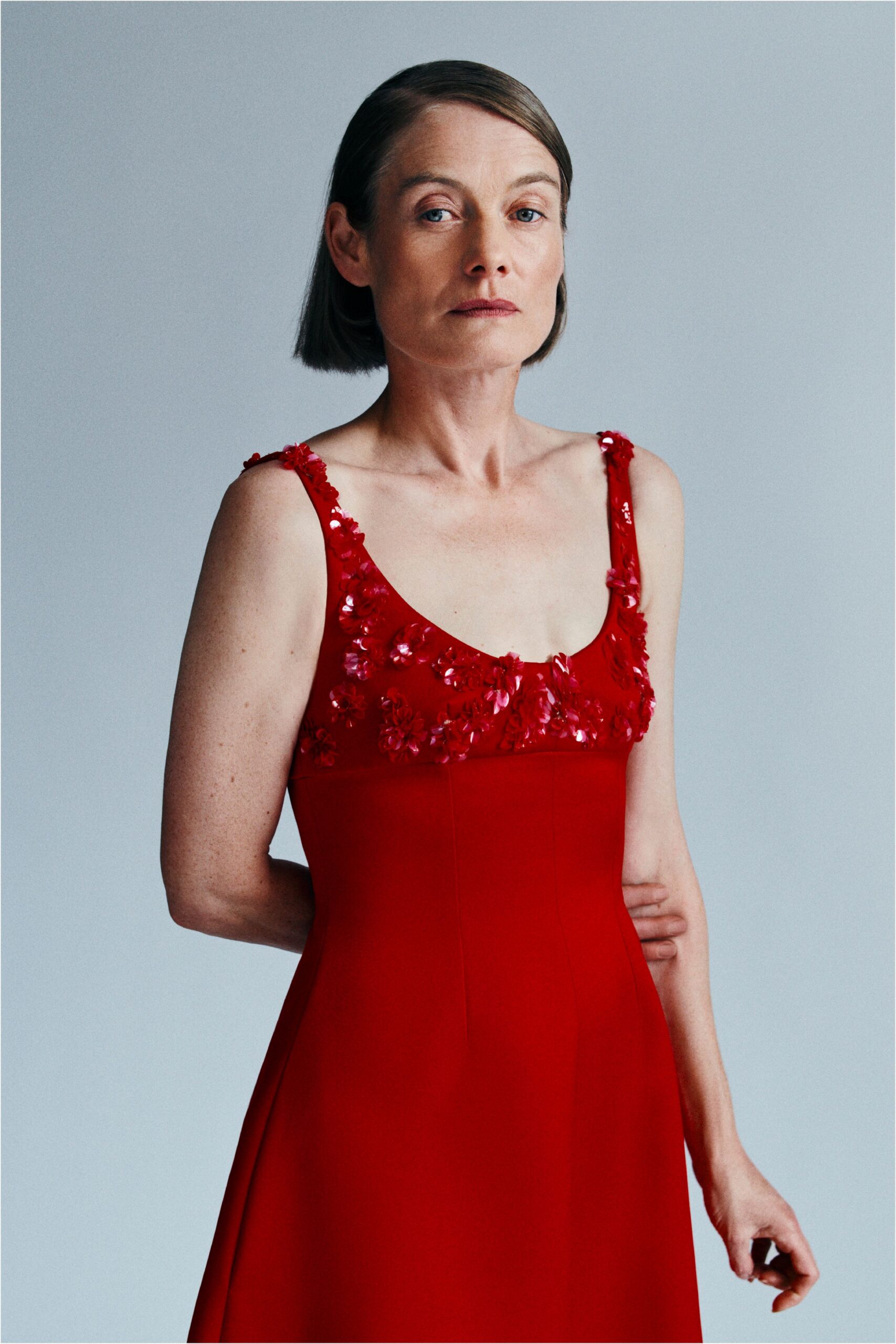 red silk sleeveless gown