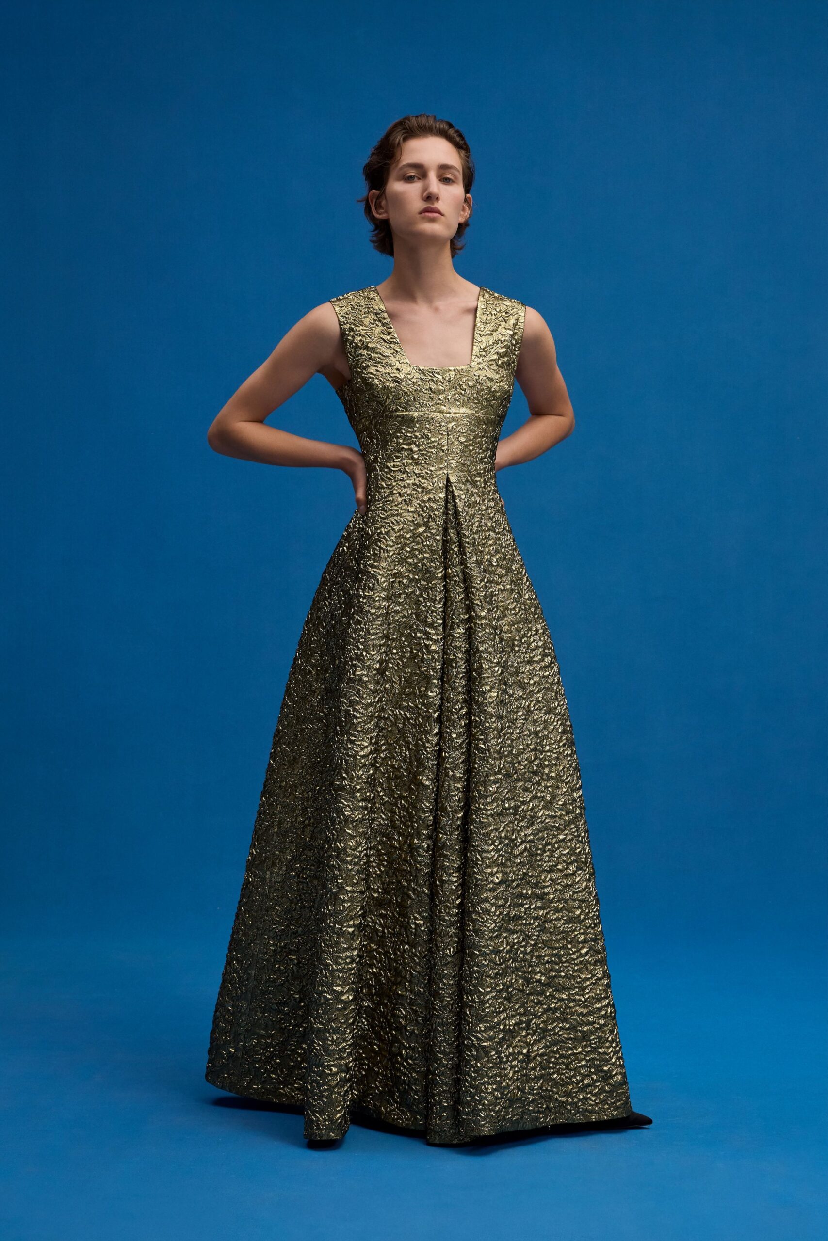 gold silk sleeveless gown