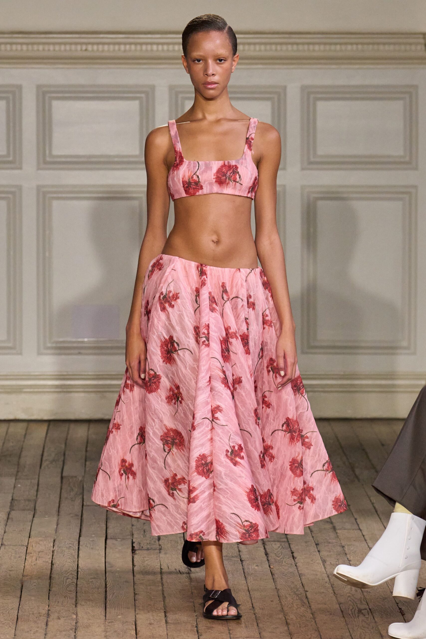 pink silk fitted high-waisted floral flared midi skirt