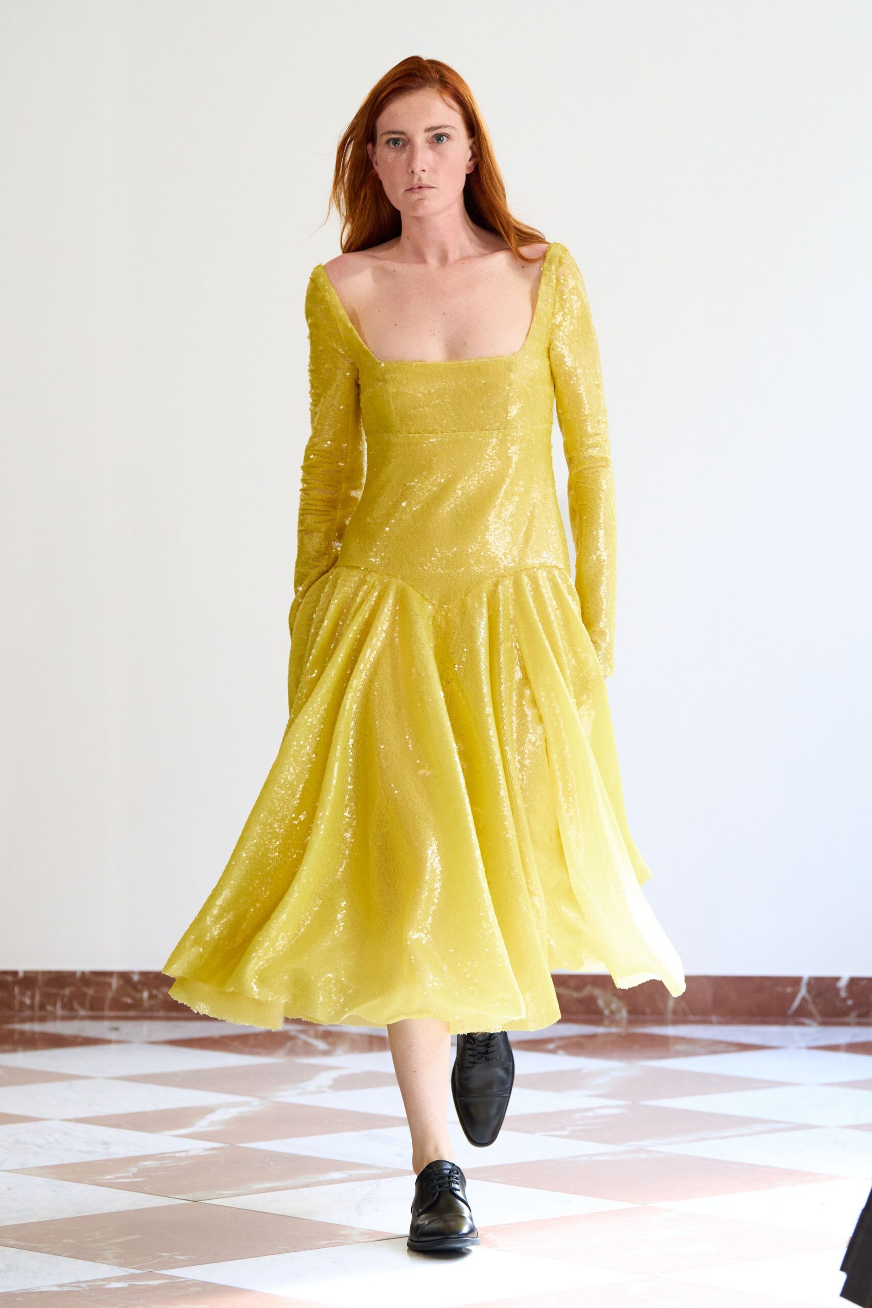 yellow silk long-sleeve square-neck fitted pleated embellished dress