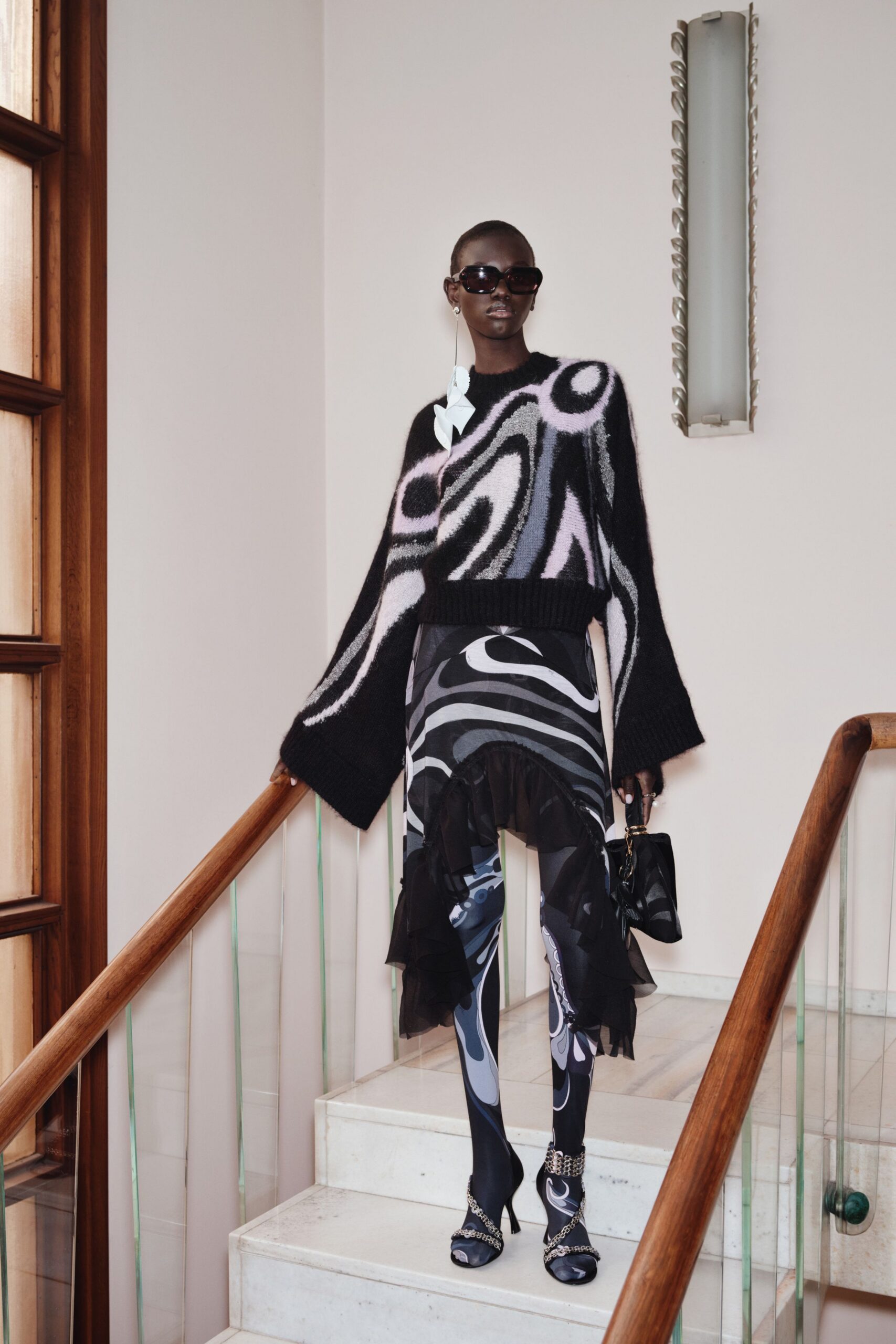 black wool long-sleeve collared relaxed printed sweater