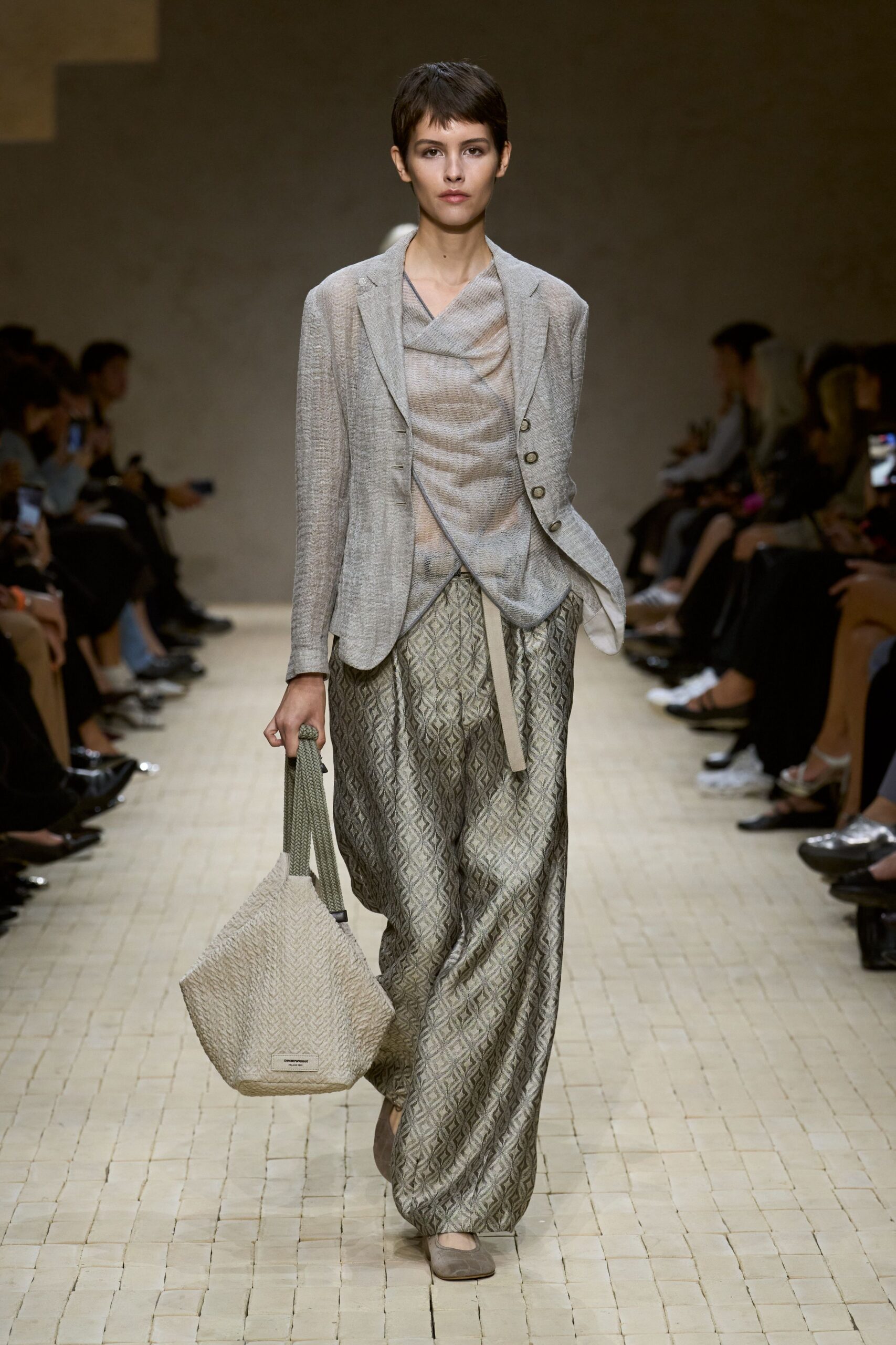 gray linen blazer with wide-leg pants
