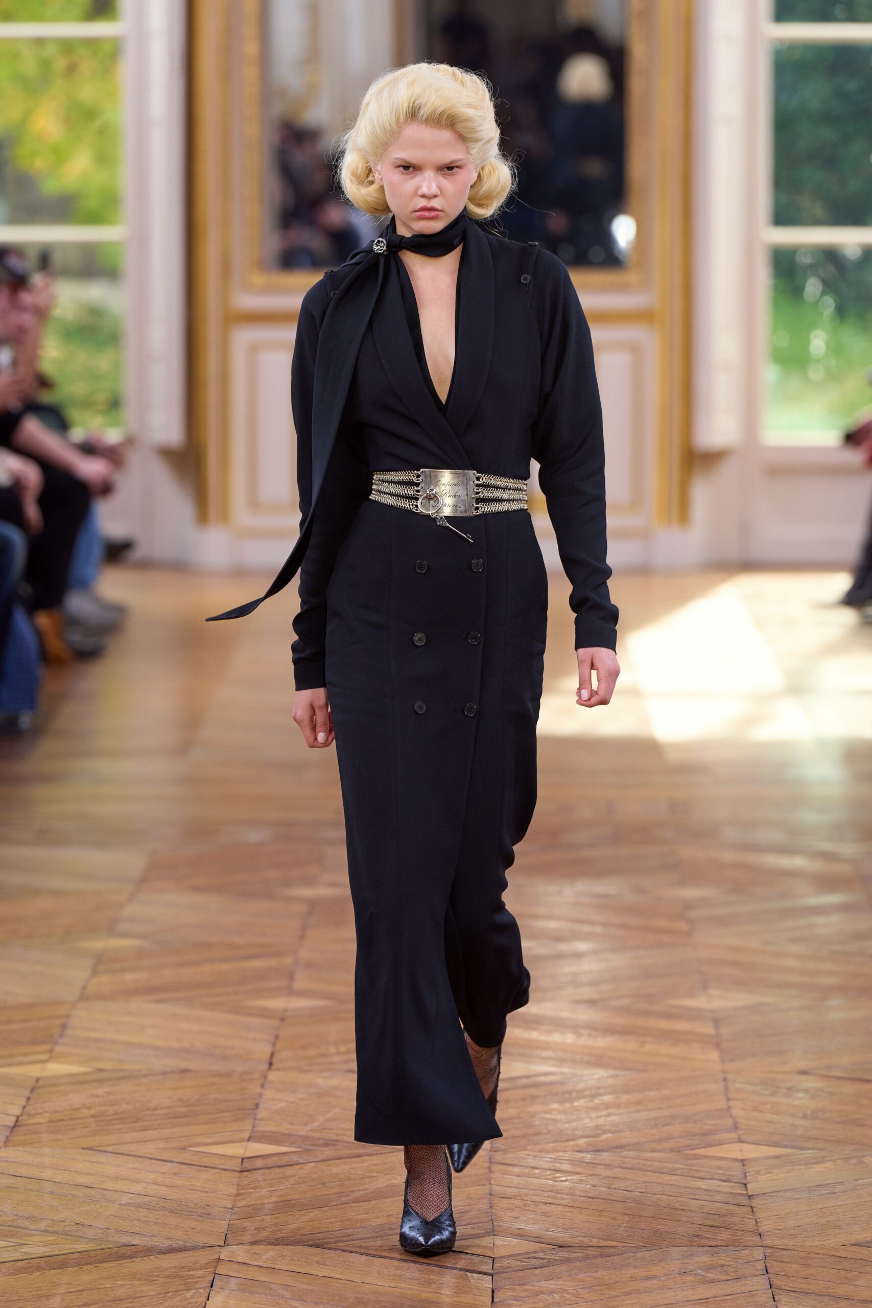 black cotton long-sleeve v-neck fitted buttoned belted dress