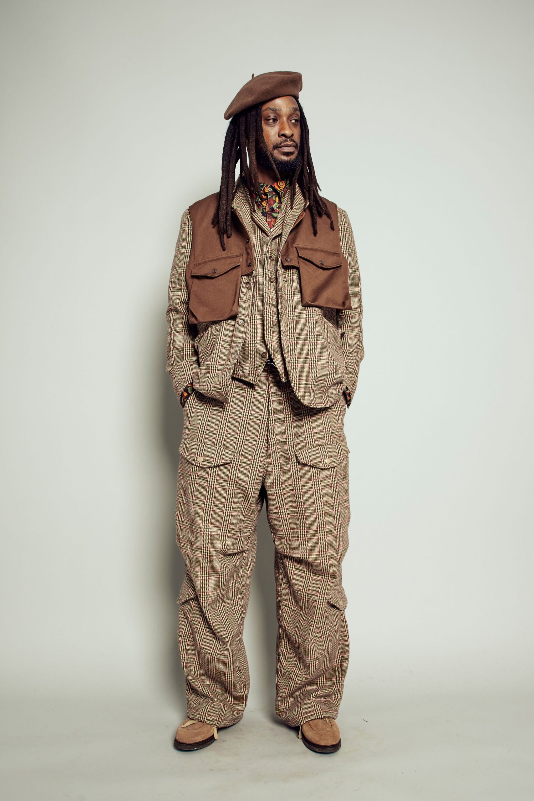 beige cotton long-sleeve collared relaxed checked cargo suit