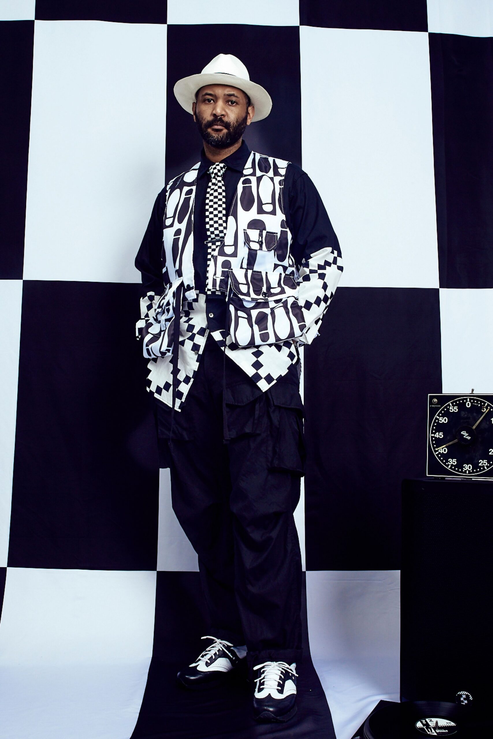 black and white patterned vest outfit