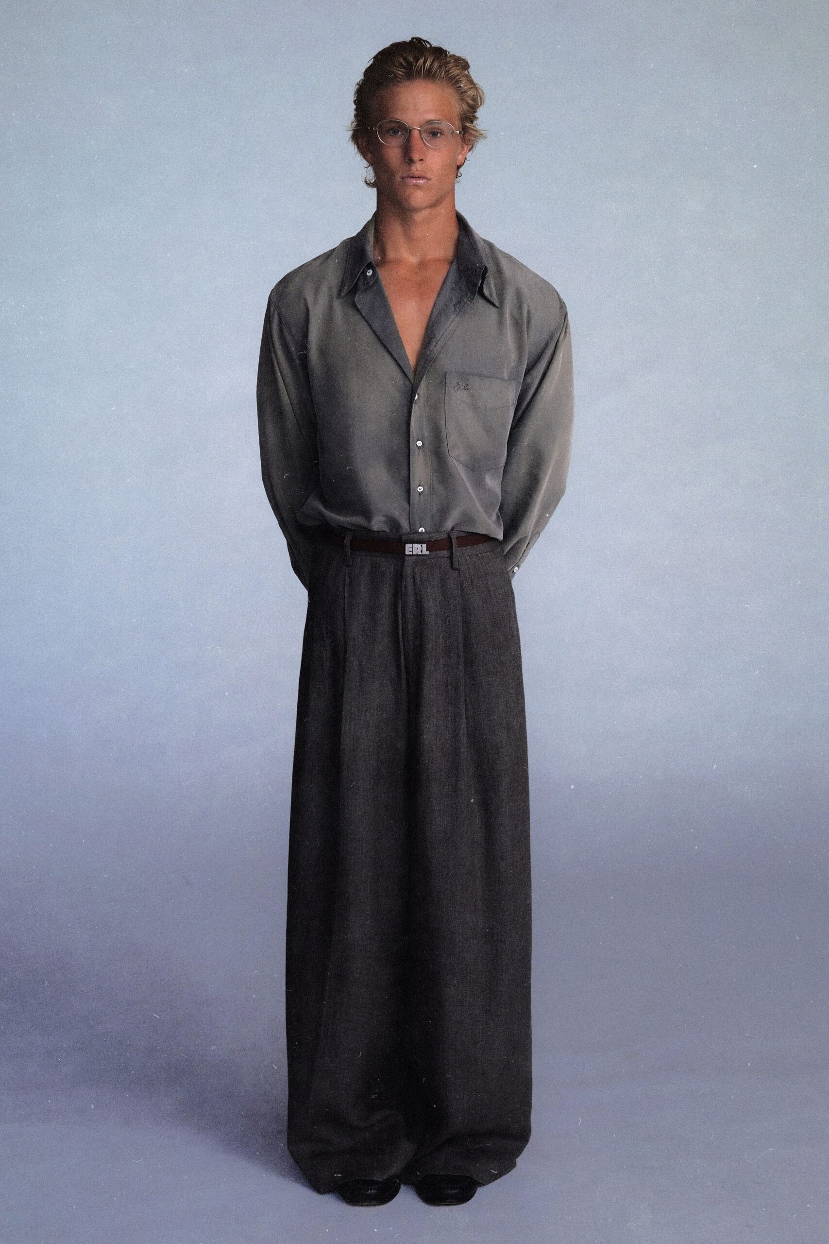 gray silk shirt black wool pants