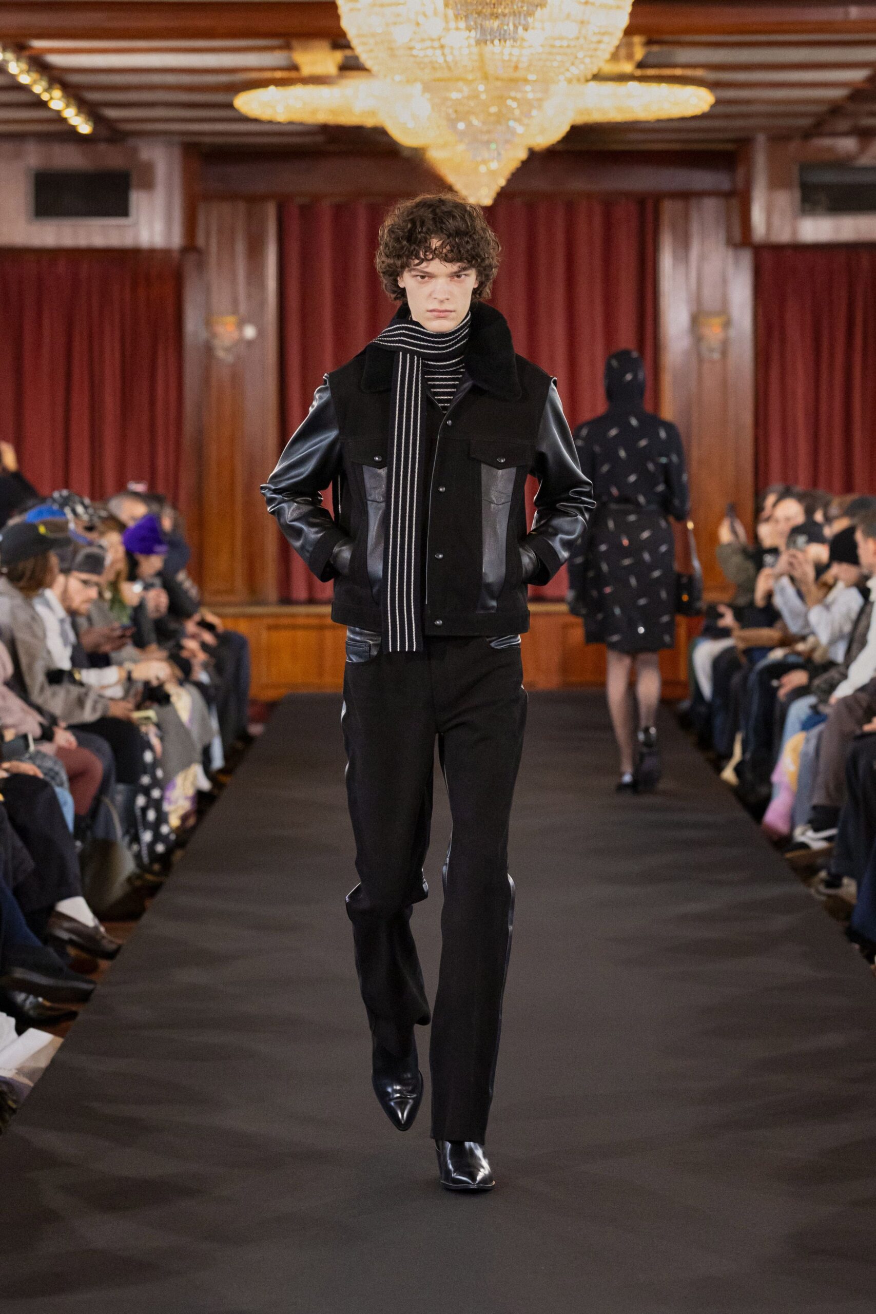 black leather jacket with striped shirt