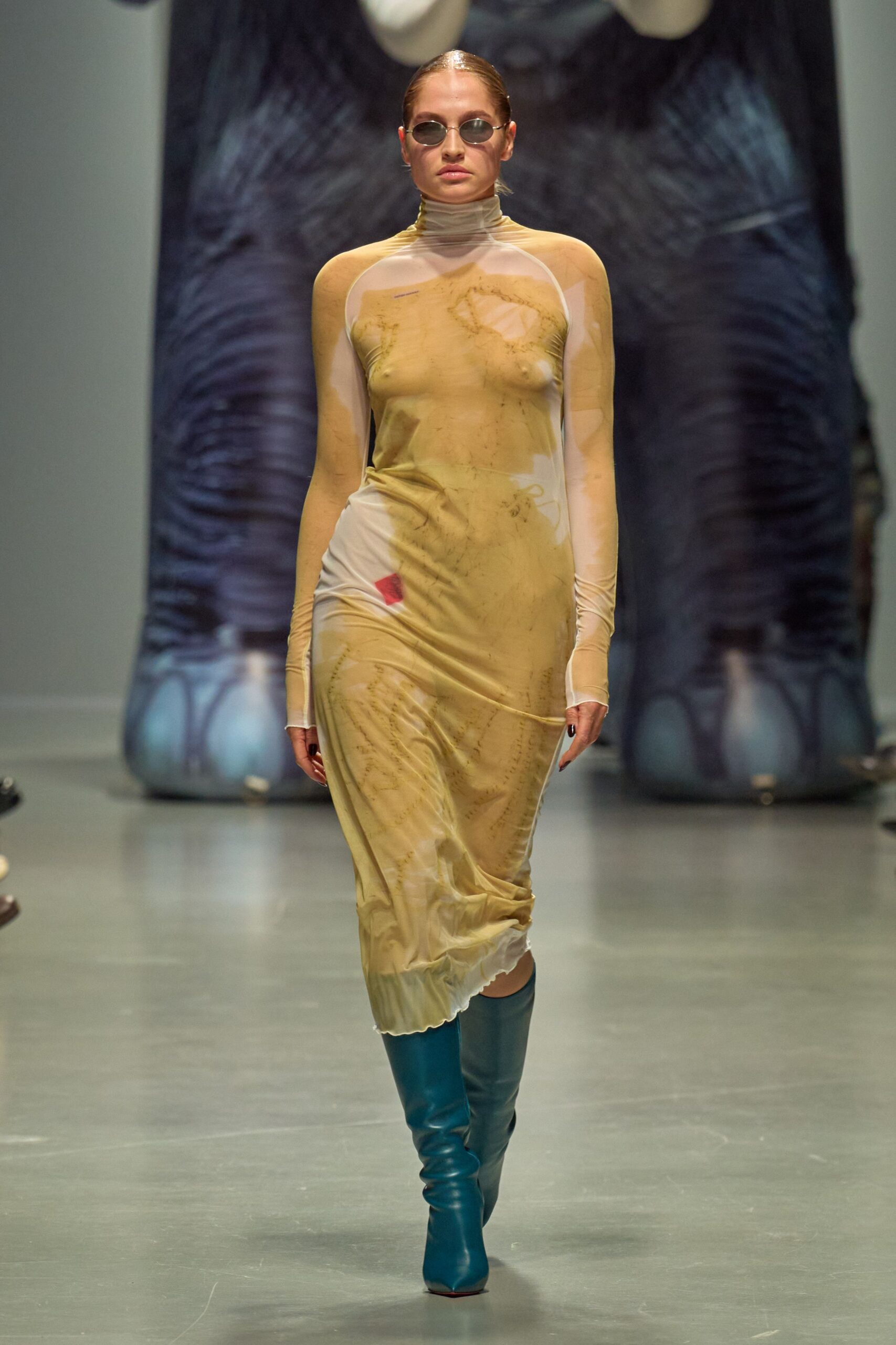 yellow silk long-sleeve high-neck fitted draped dress