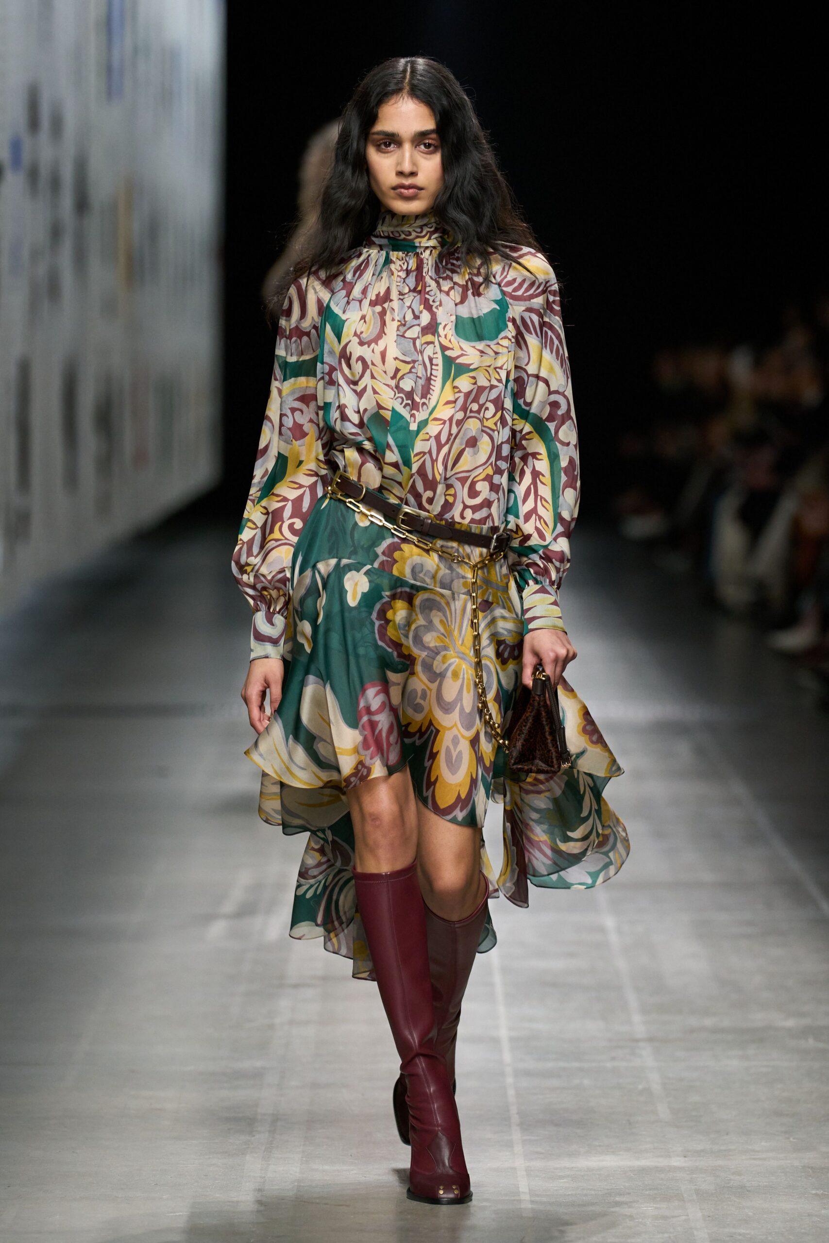 green silk long-sleeve collared fitted flared printed dress