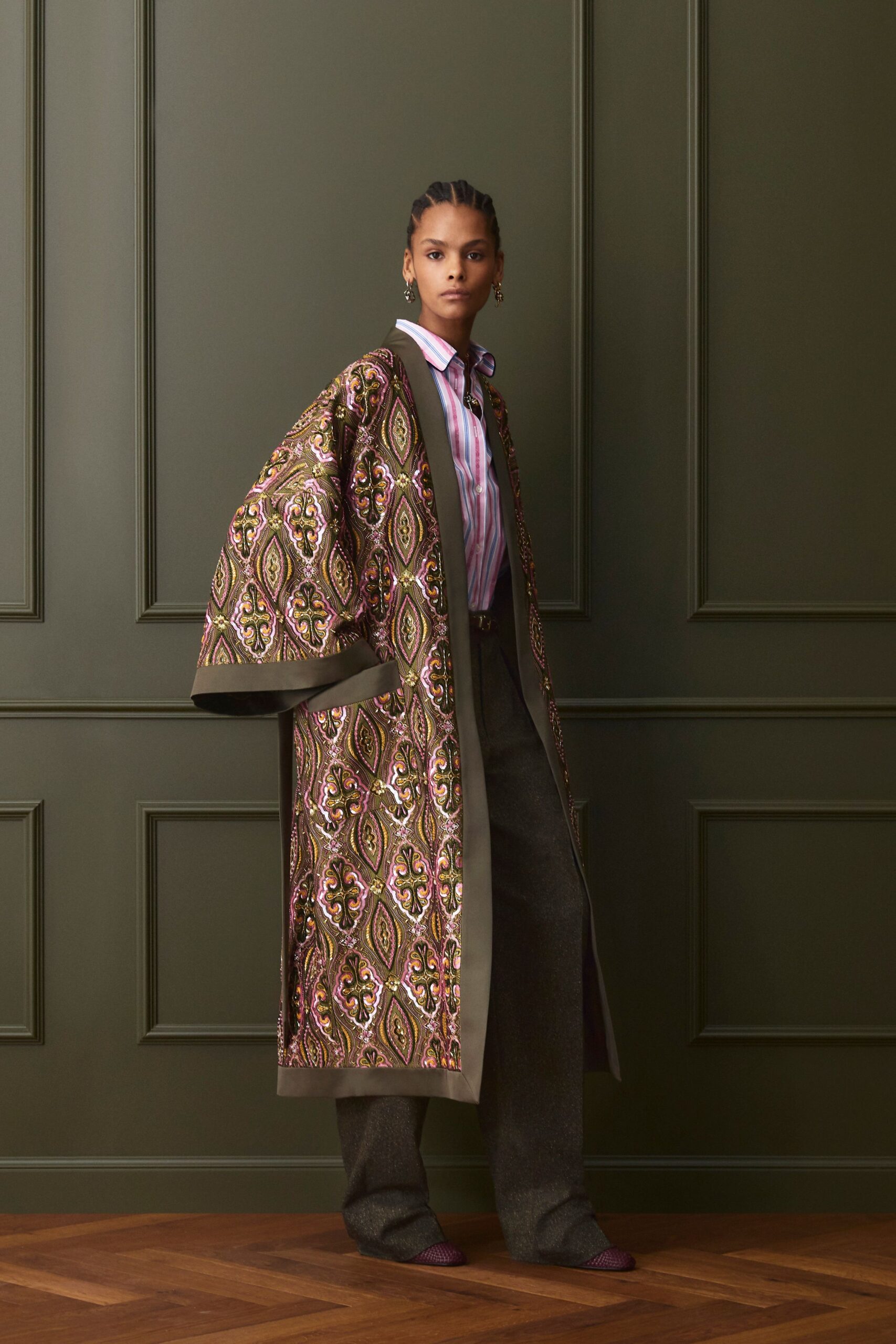 multi silk long-sleeve relaxed embroidered coat