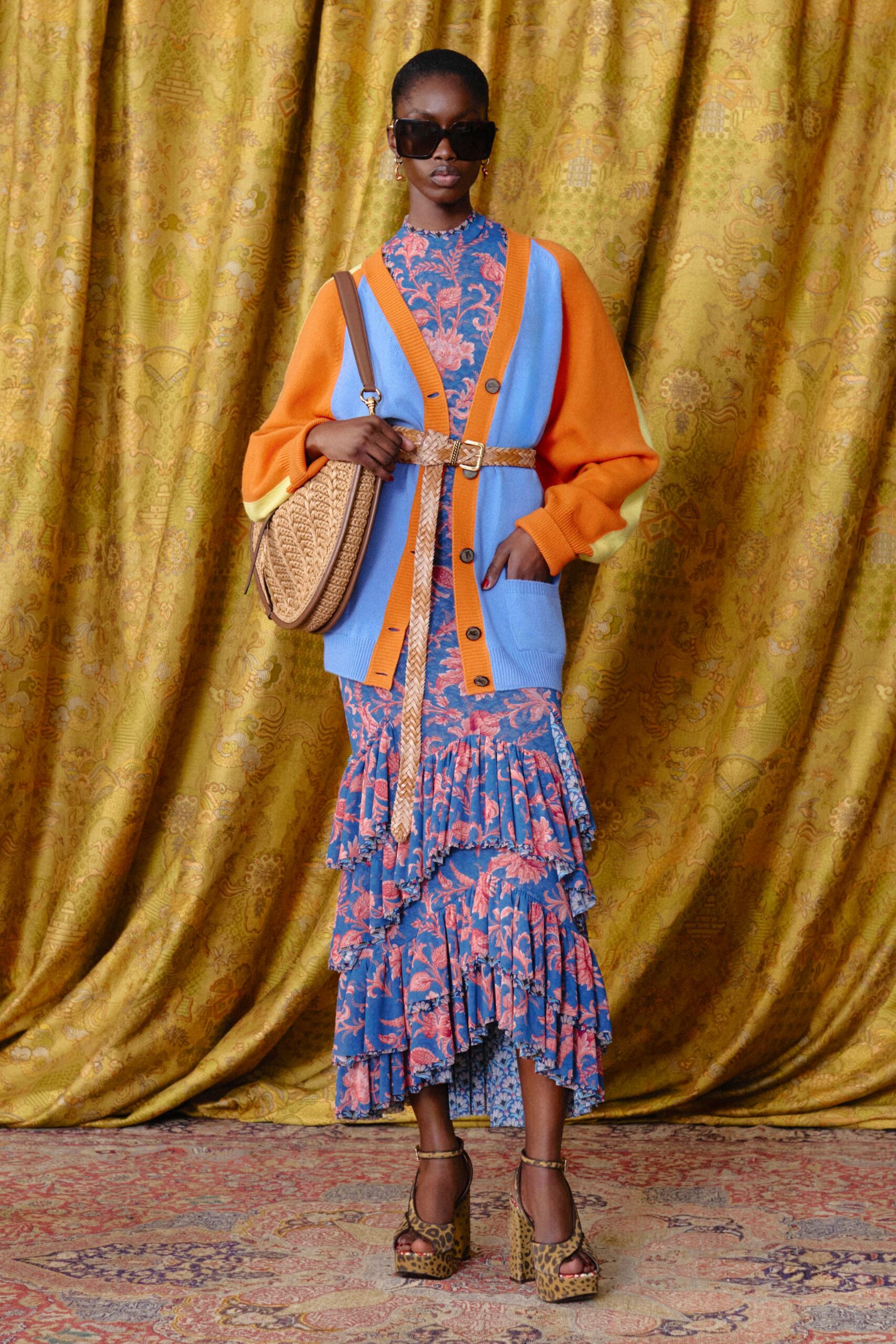 blue orange midi dress with cardigan