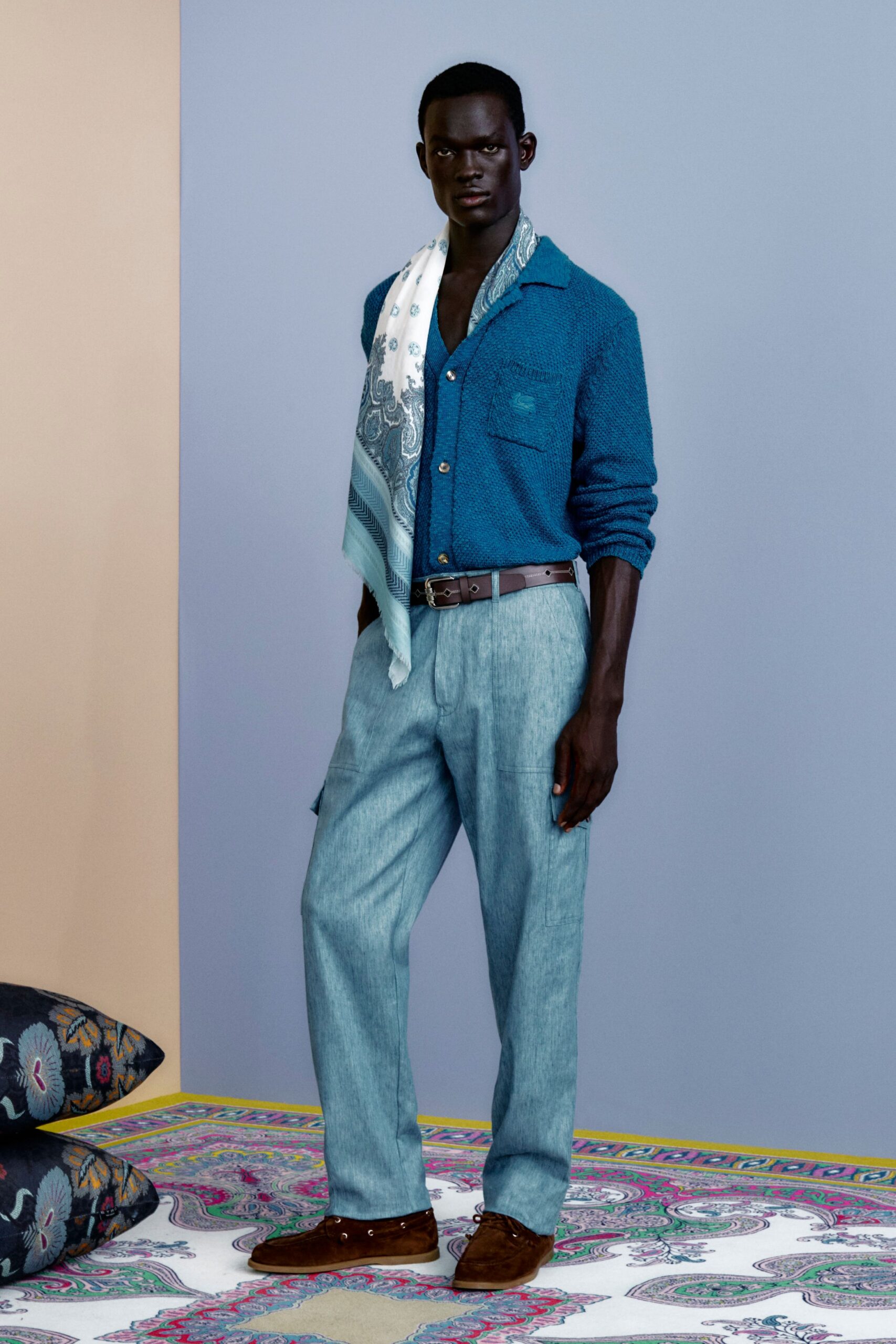 blue cotton shirt with relaxed pants