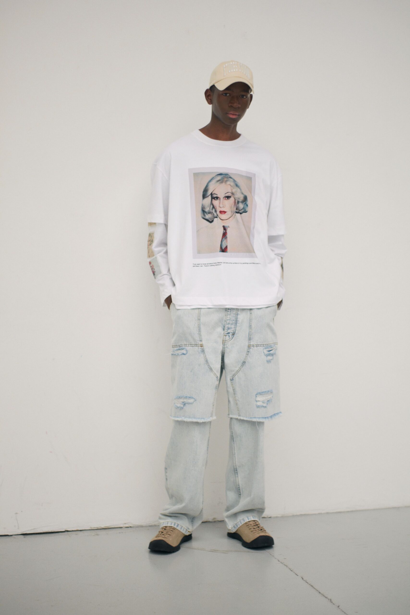 white cotton long-sleeve collared relaxed printed t-shirt
