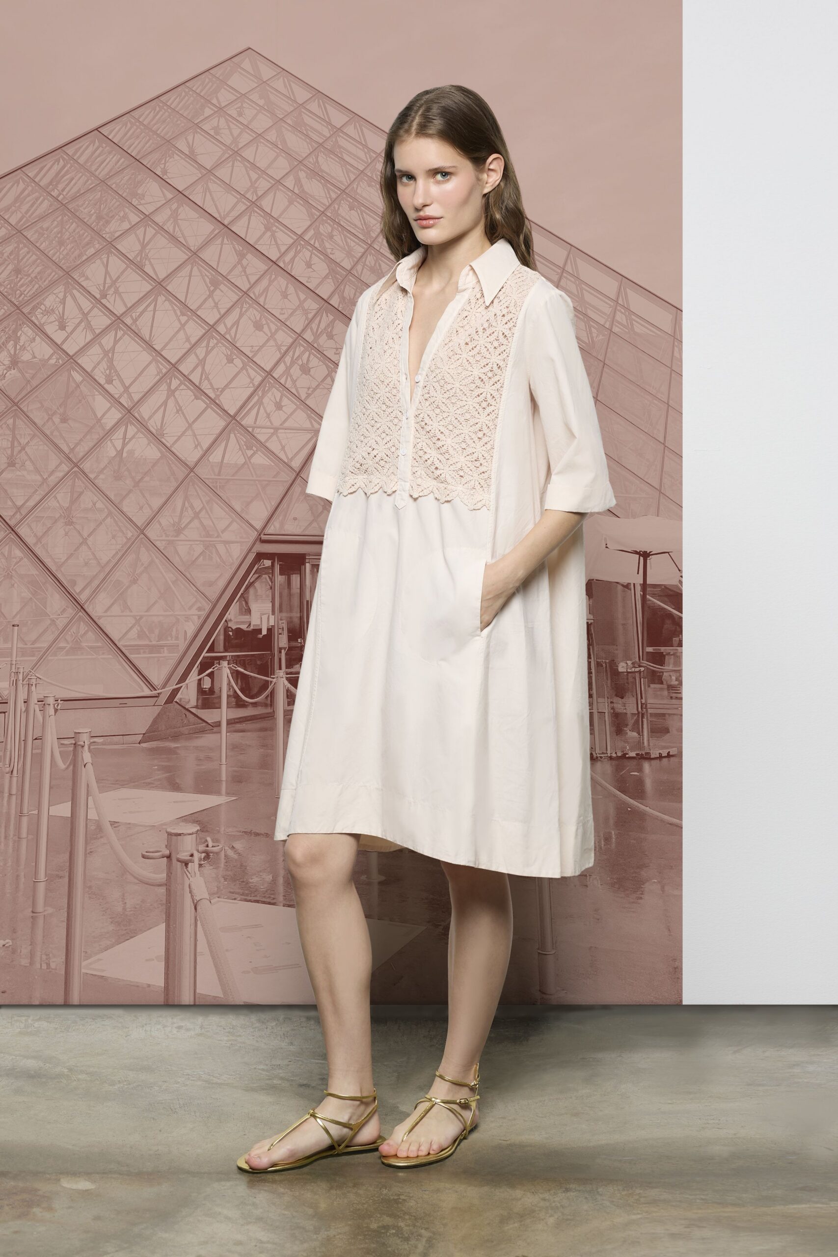 beige cotton short-sleeve collared relaxed embroidered pockets dress