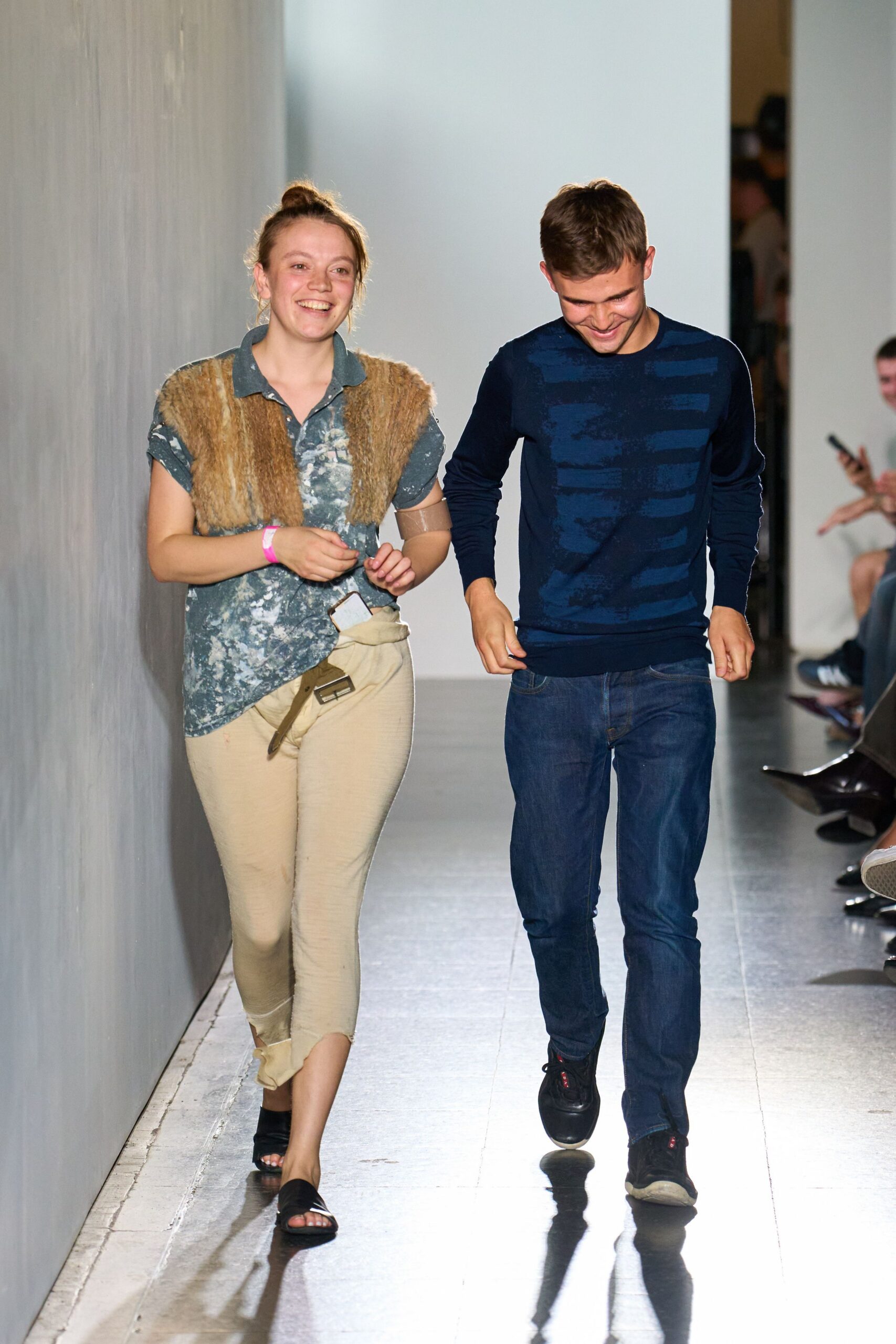 casual blue shirt and beige pants