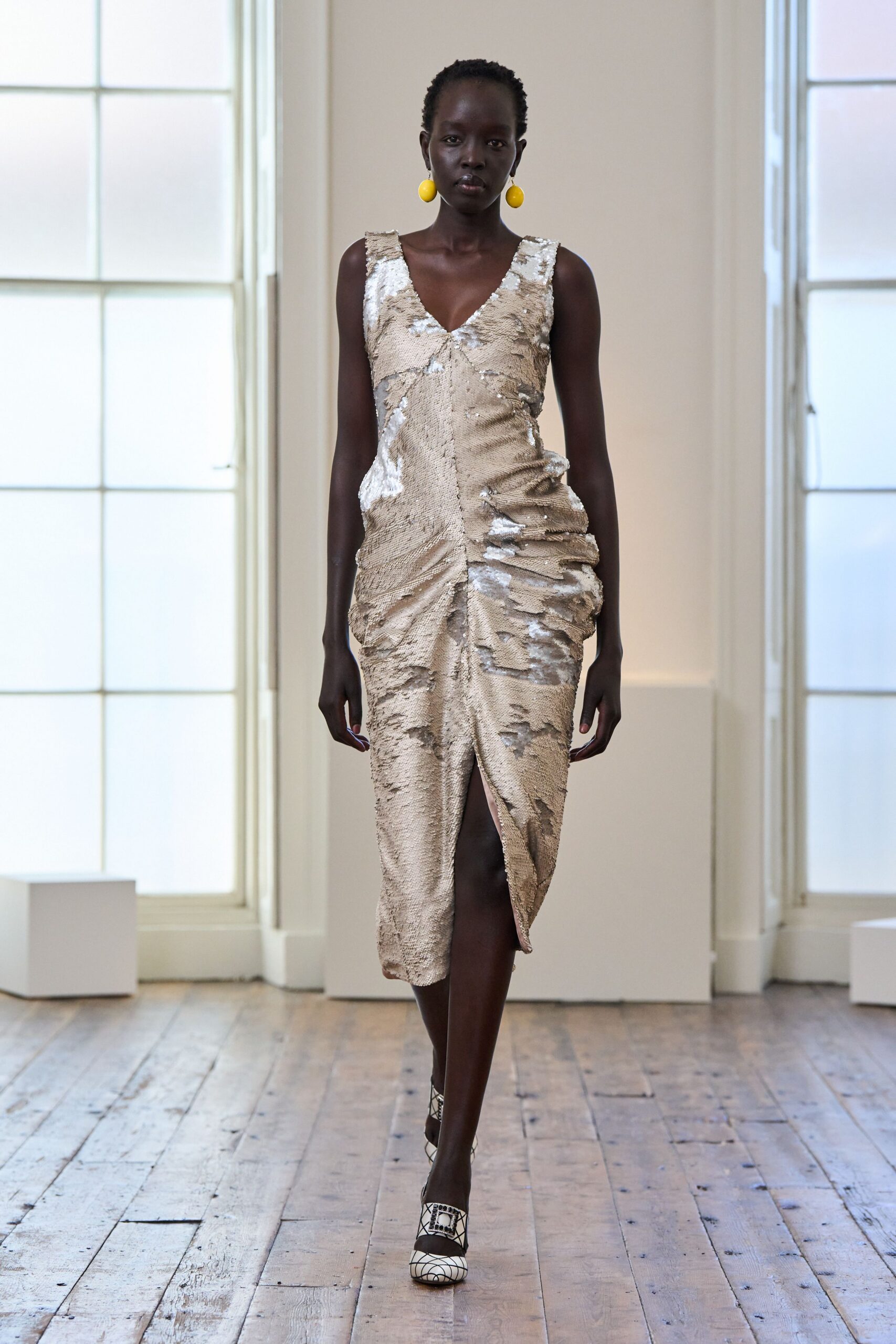 gold silk sleeveless v-neck fitted draped shiny dress