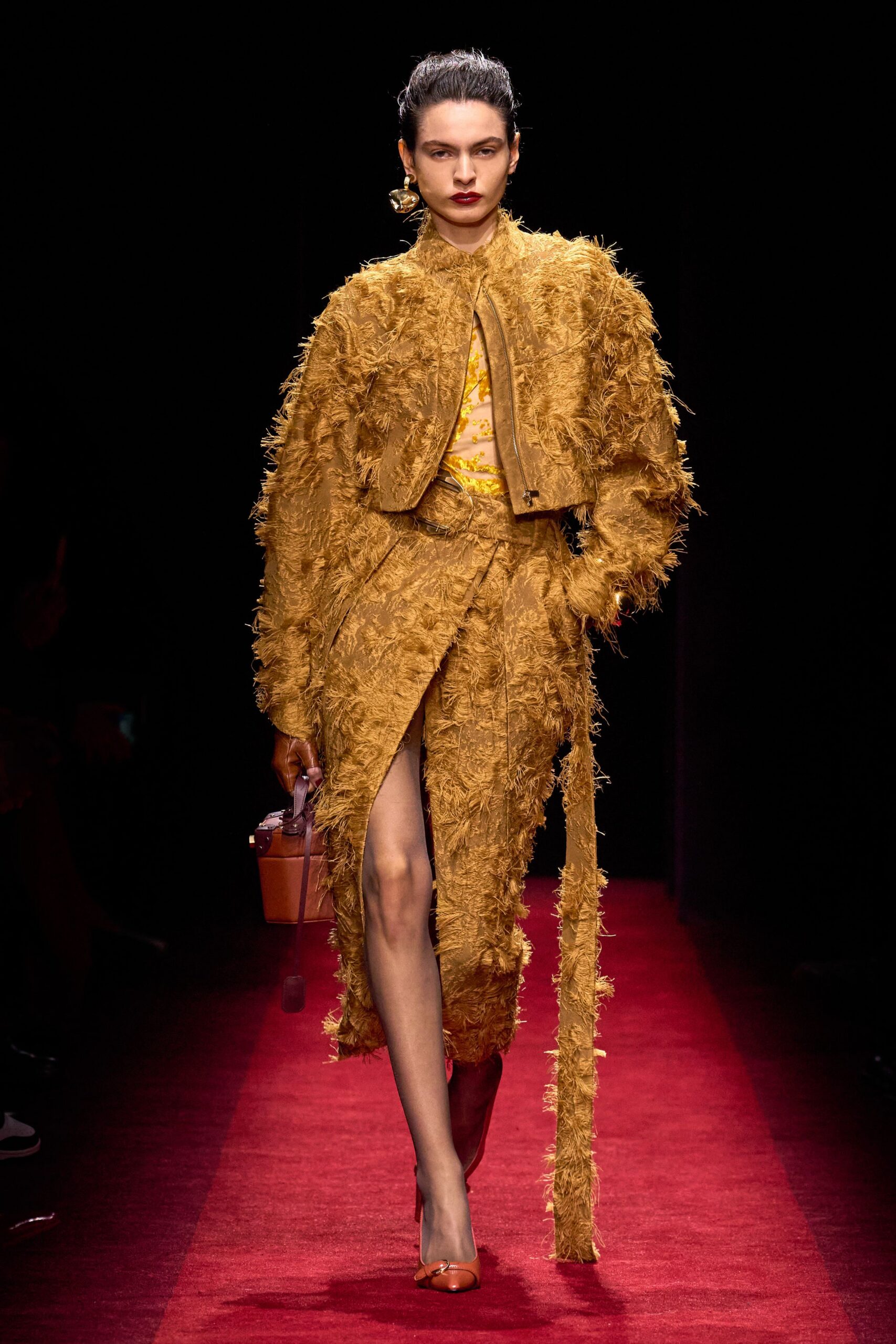 gold fur long-sleeve fitted fringed midi coat