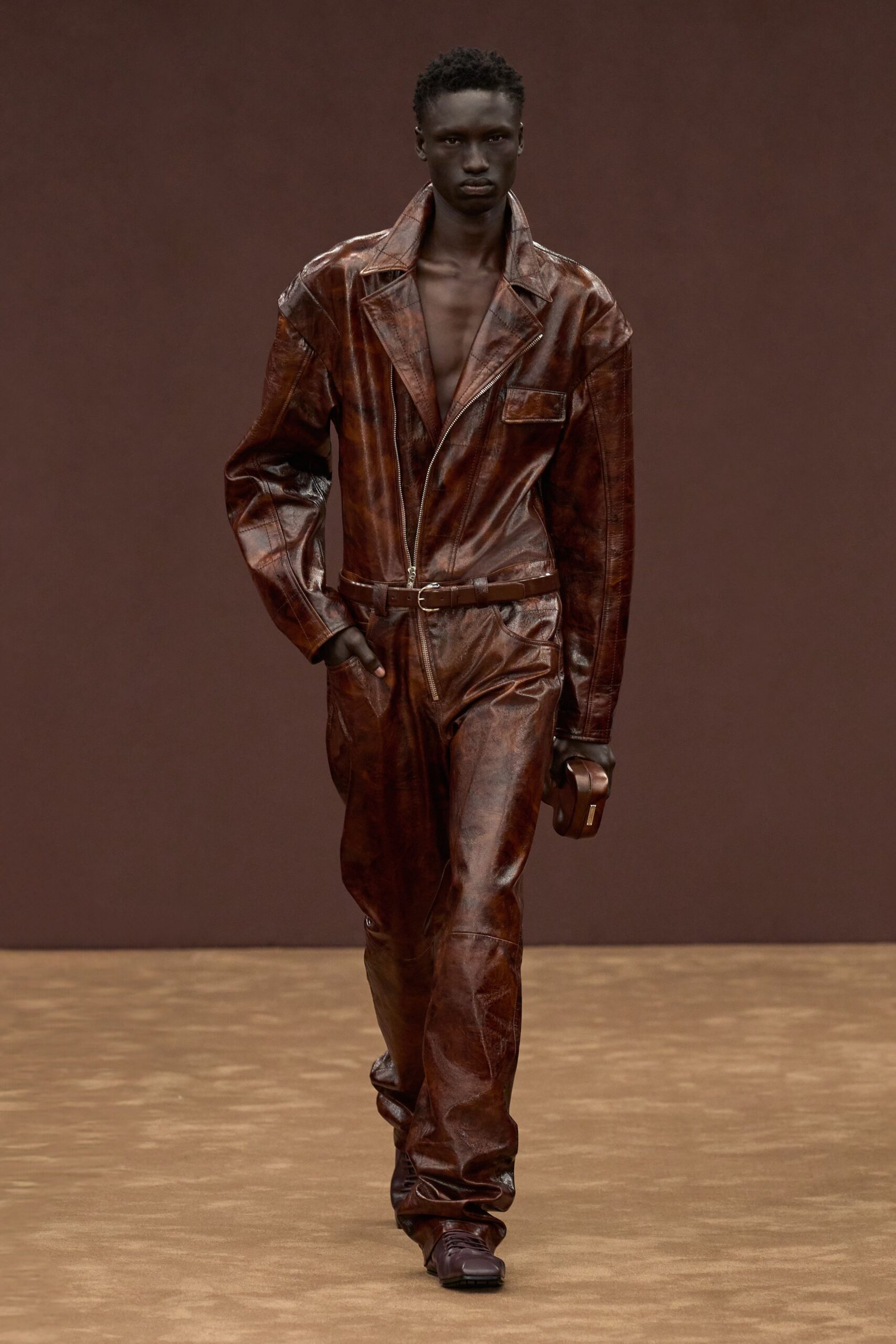 brown leather long-sleeve collared fitted zippered pleated jumpsuit