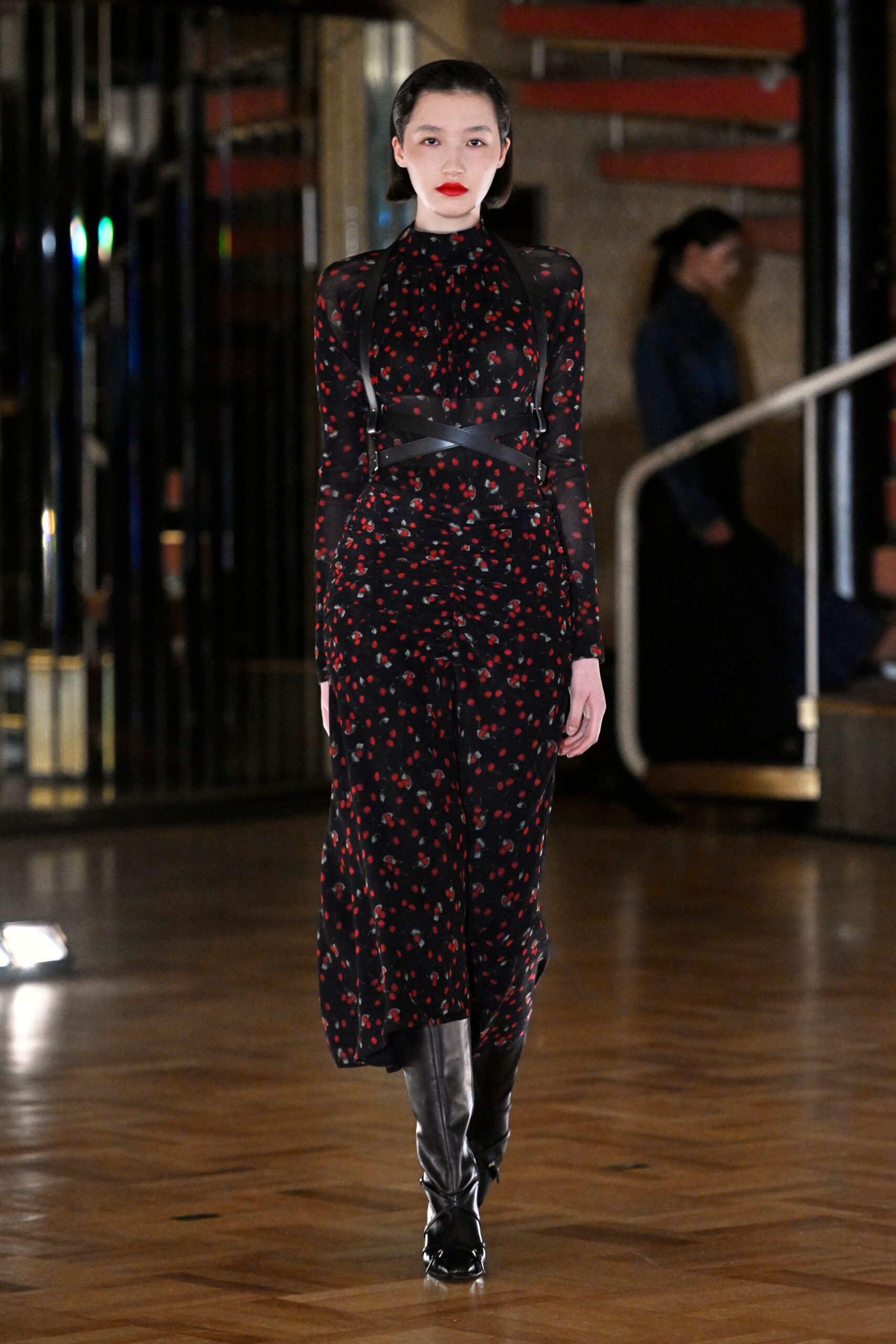black floral midi dress with boots
