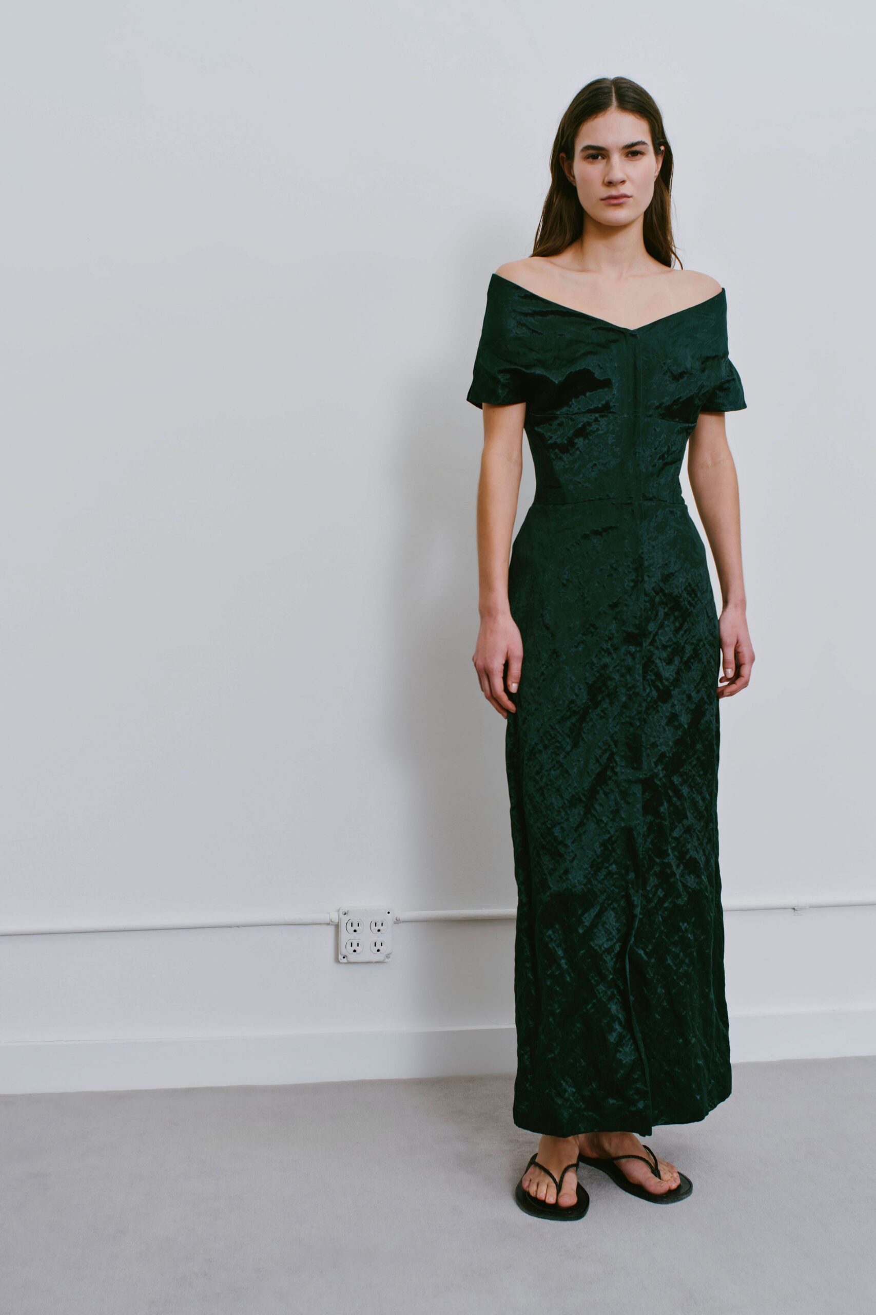 green velvet off-shoulder gown