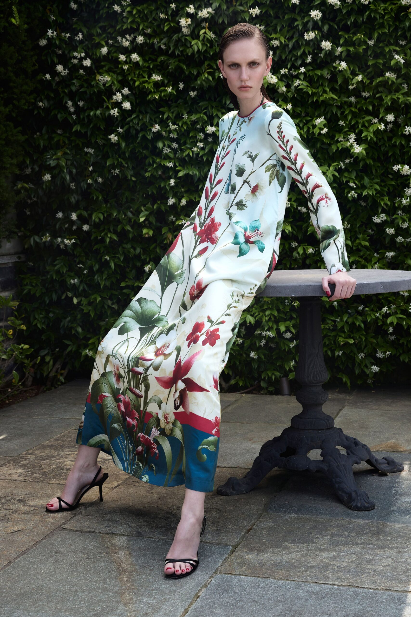 multi silk long-sleeve collared fitted floral layered dress
