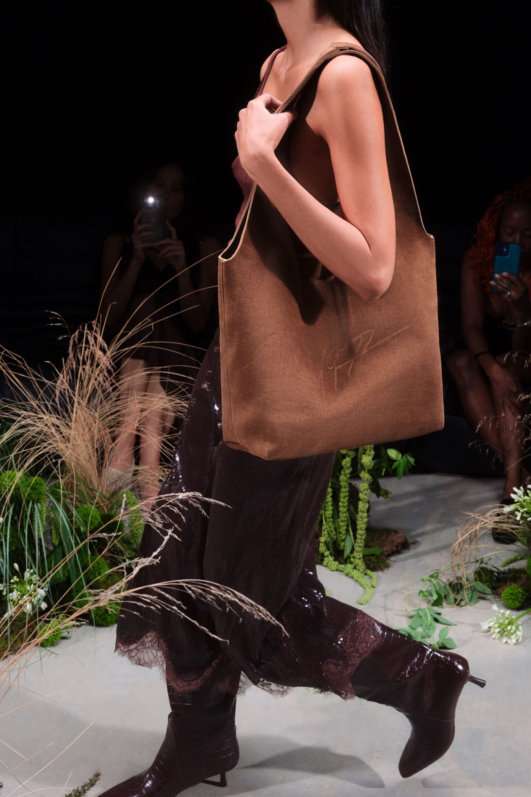 brown silk sleeveless v-neck fitted layered shiny dress