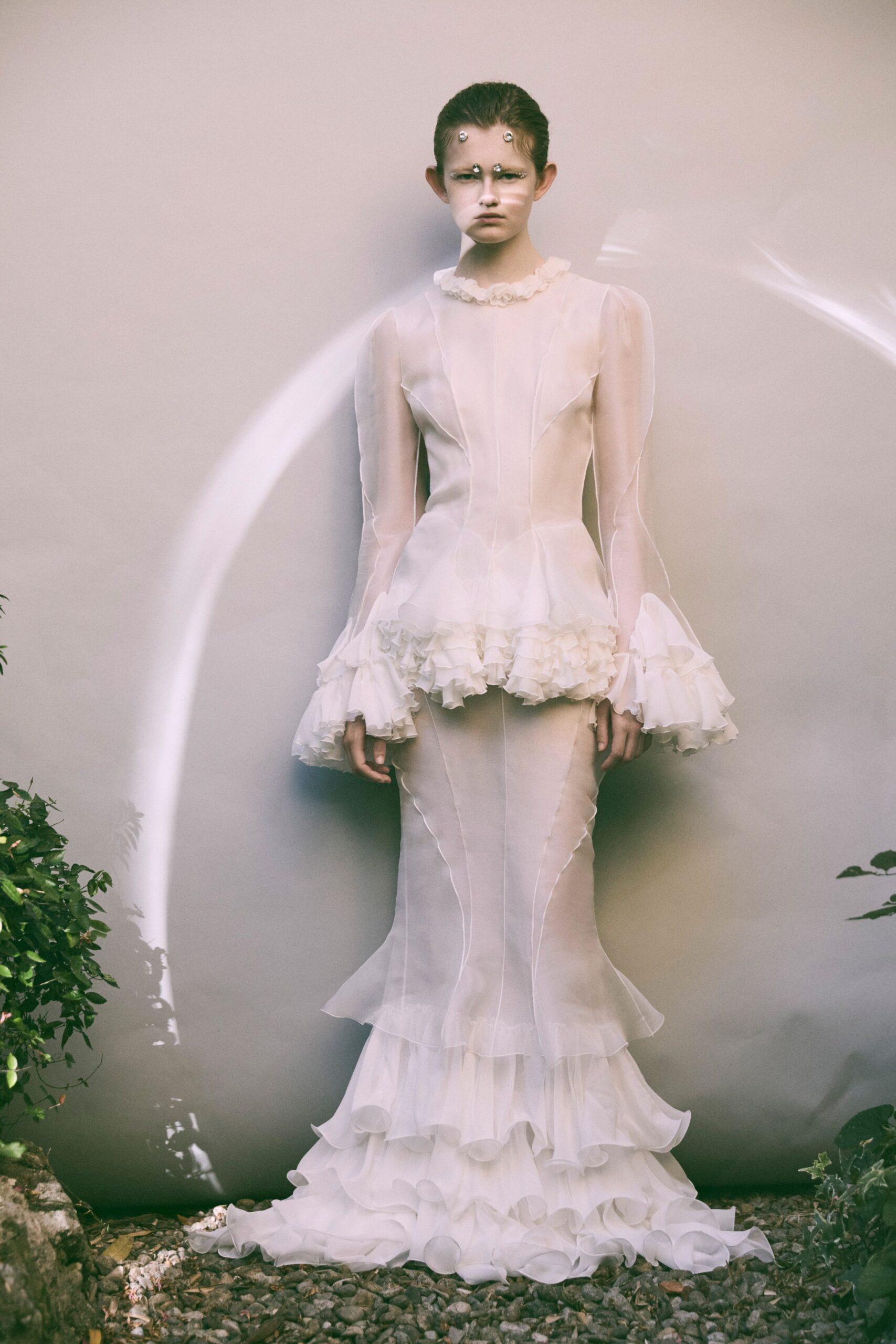 white silk fitted gown