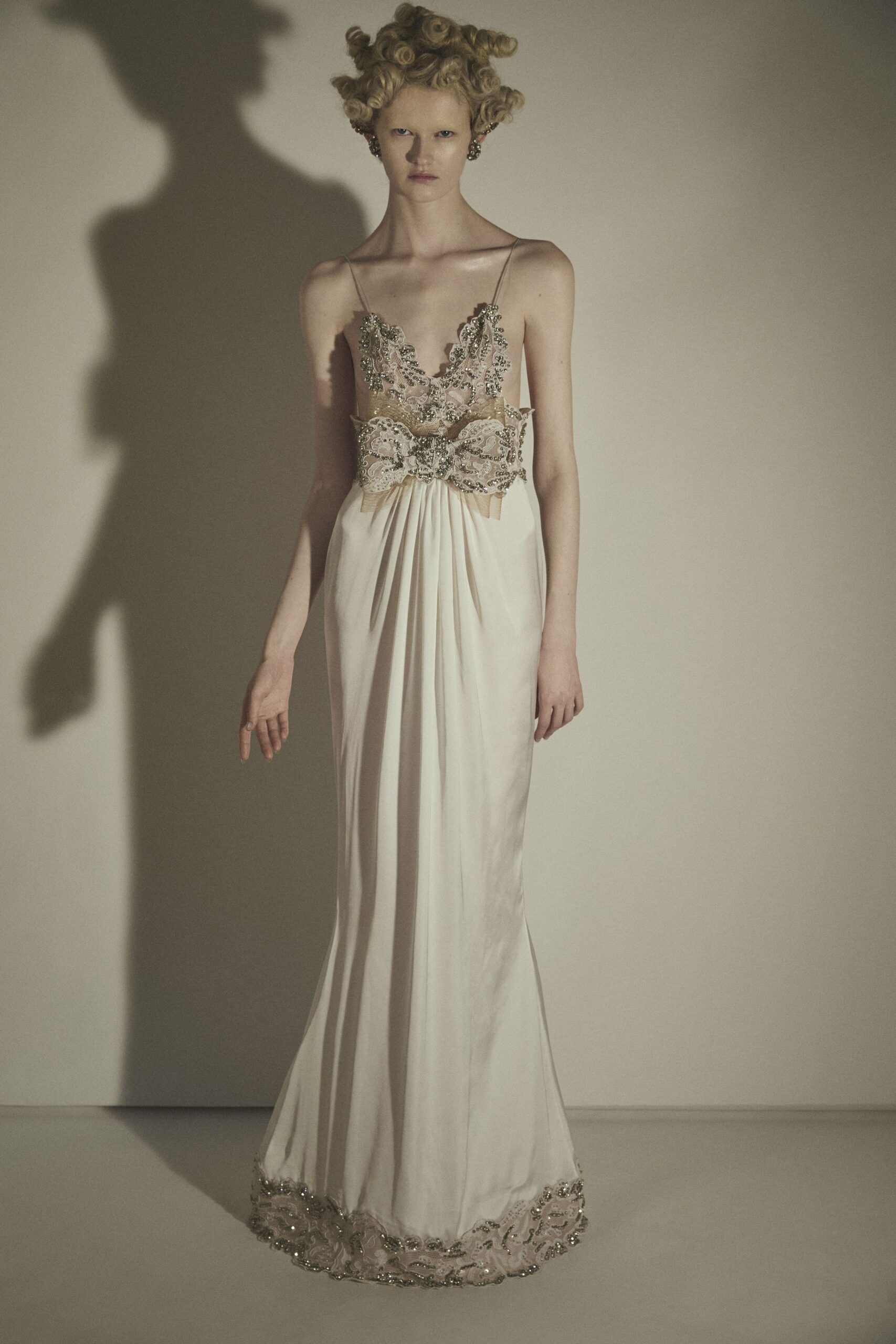 white silk fitted gown