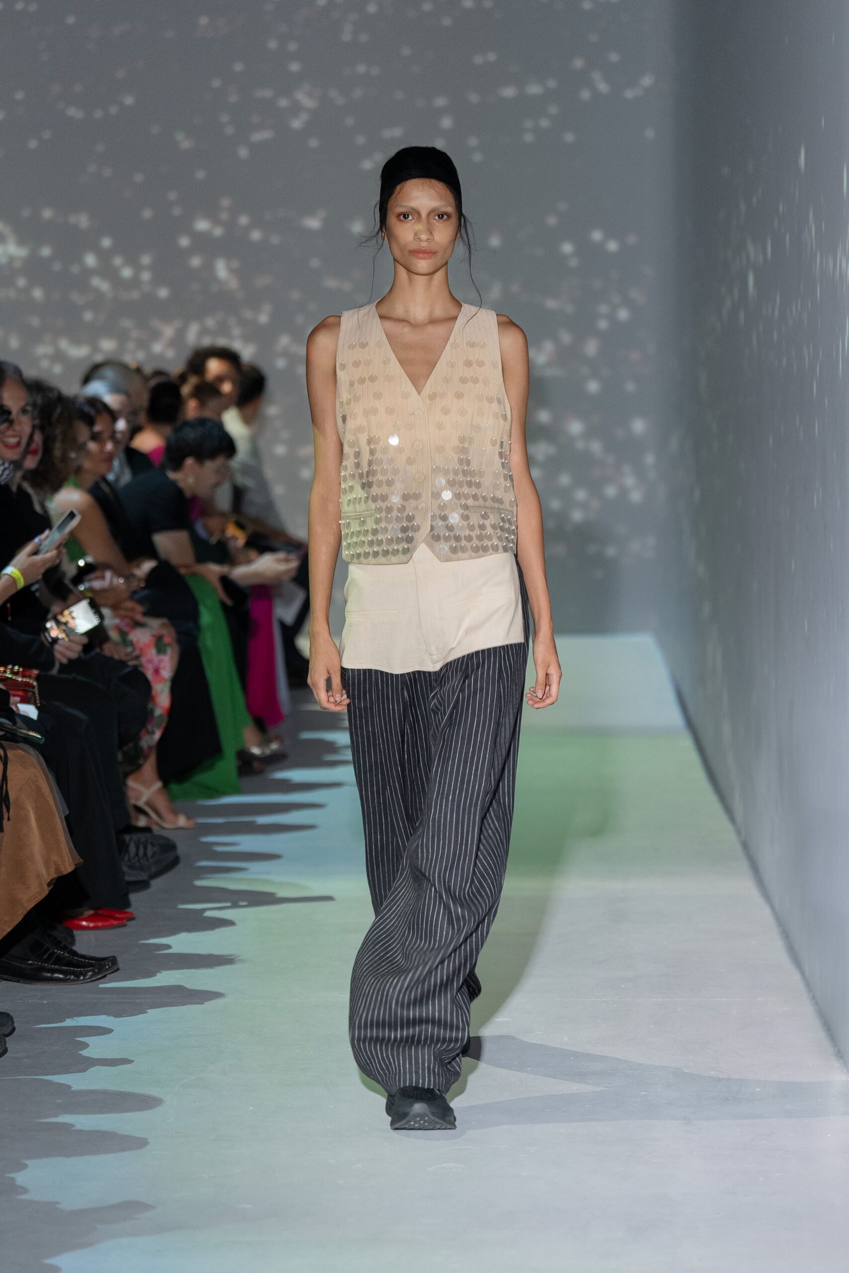 beige silk sleeveless v-neck relaxed embroidered top