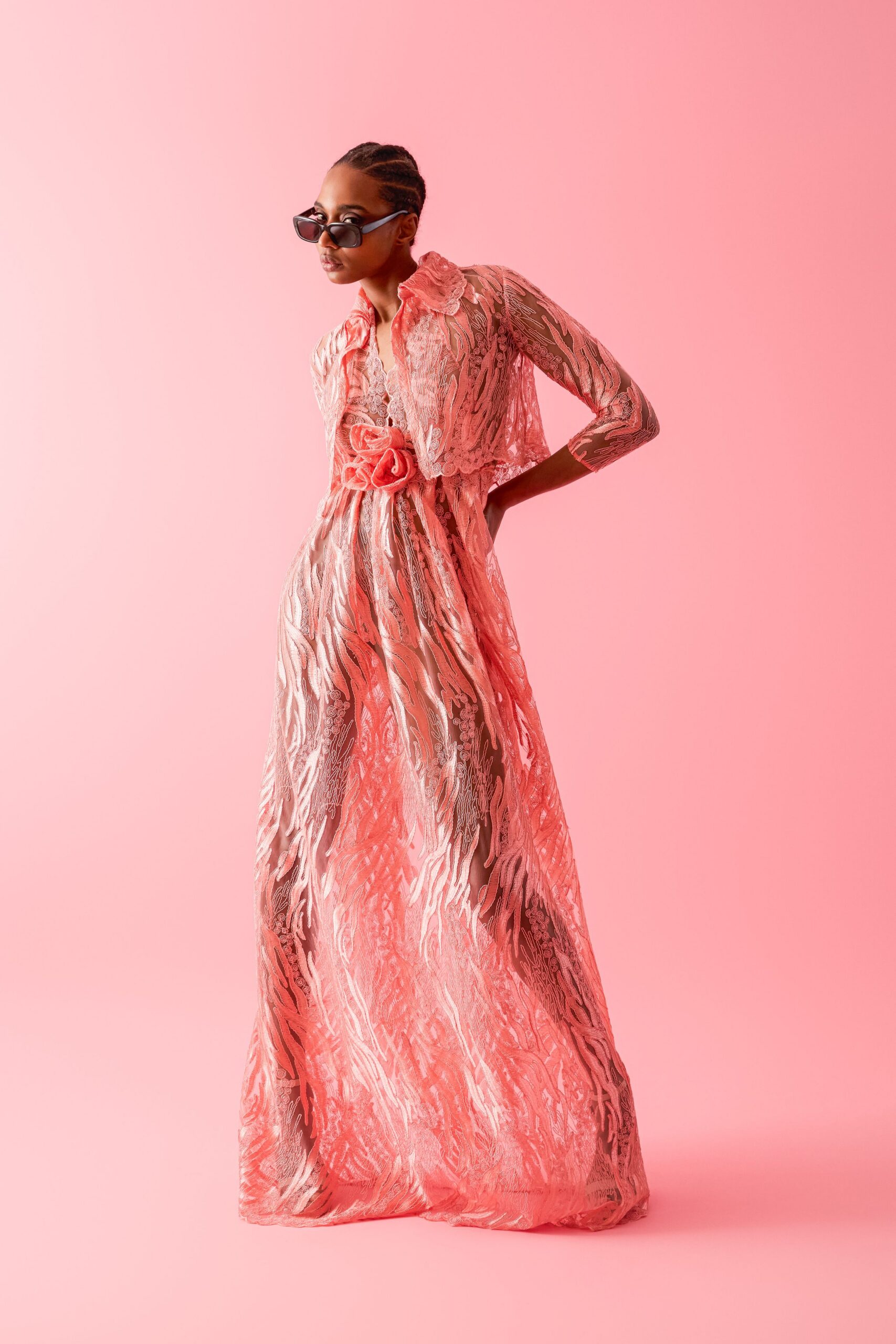 pink lace long-sleeve collared fitted embroidered flowing gown