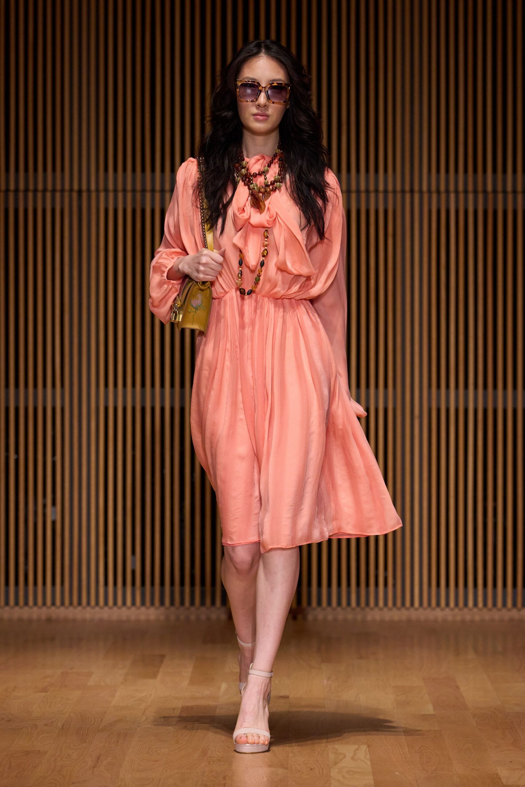pink silk long-sleeve collared relaxed pleated flowing dress