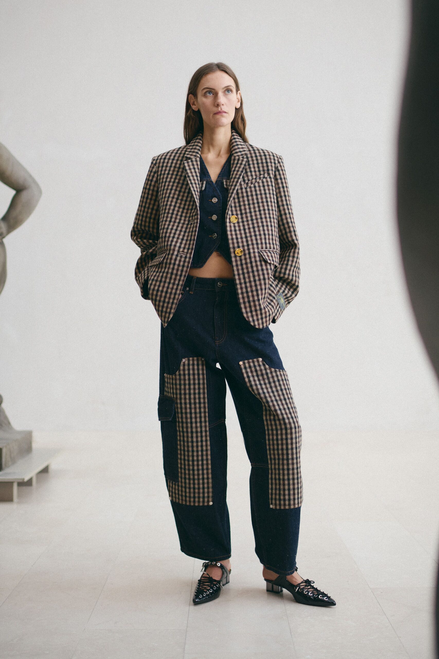 brown checked blazer with black top