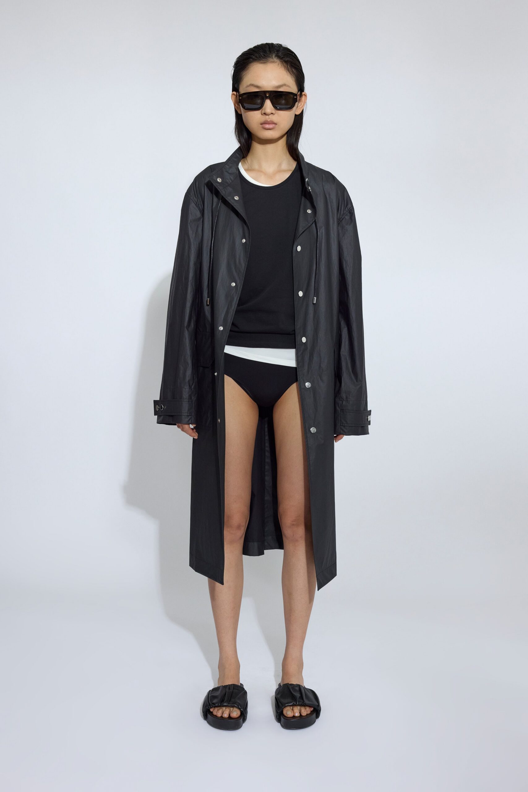 black vinyl long-sleeve collared relaxed buttoned midi coat