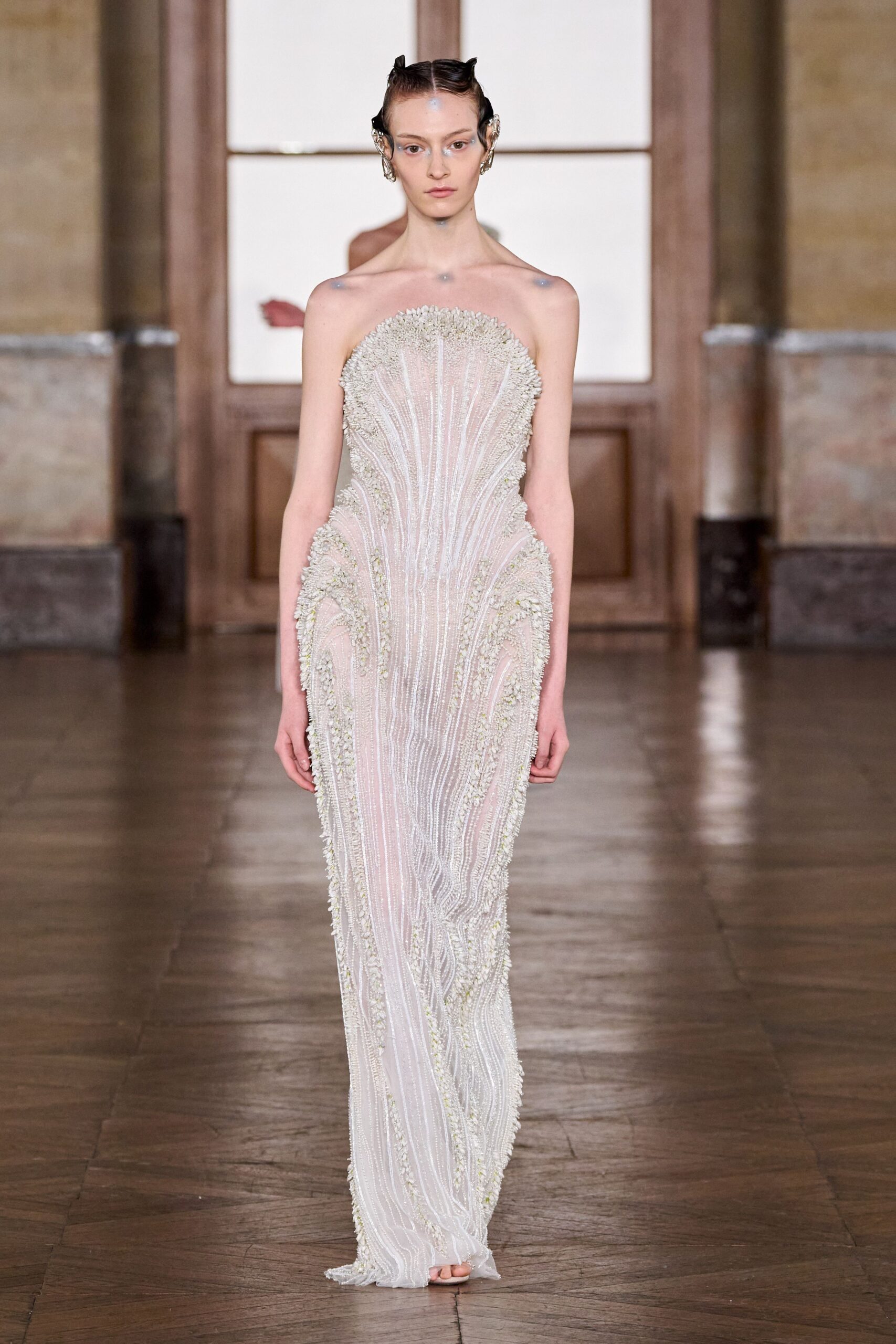 white silk strapless gown
