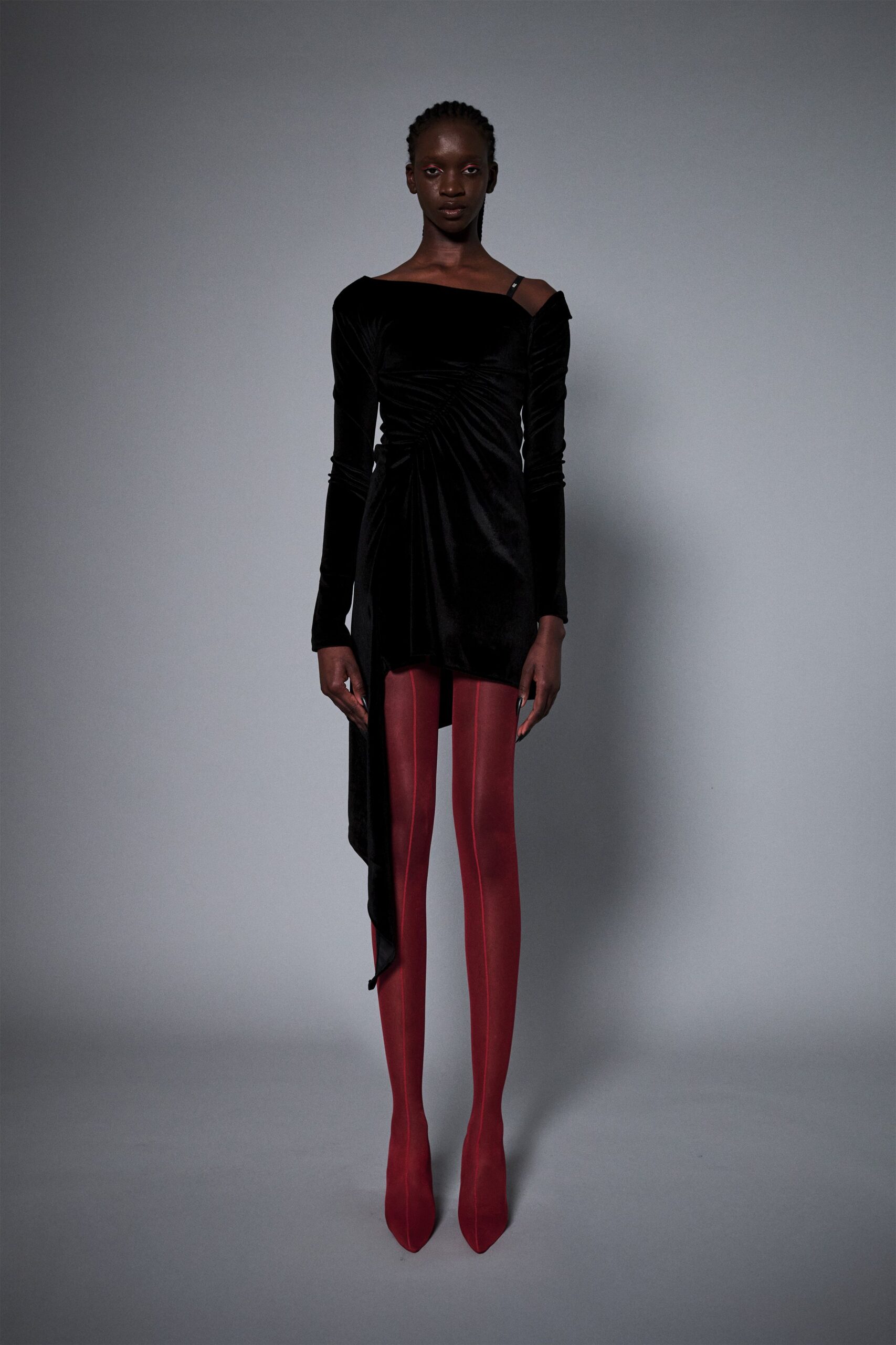 black velvet long-sleeve off-shoulder fitted draped mini dress