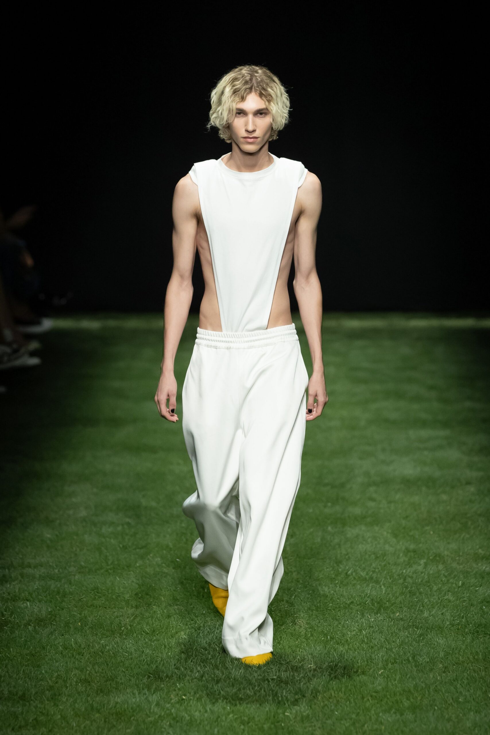 white fitted top and relaxed pants