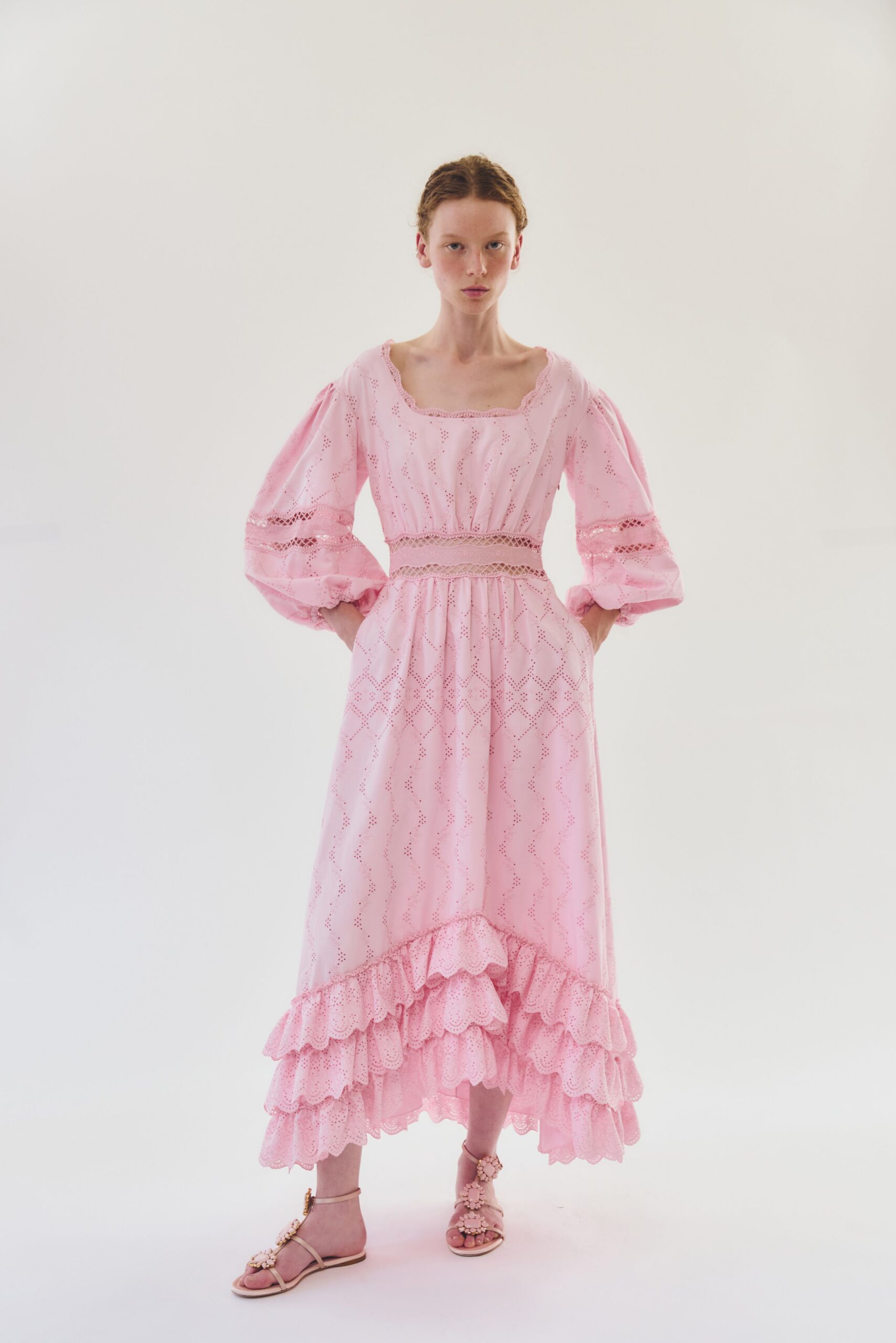 pink cotton long-sleeve square-neck fitted ruffled embroidered dress