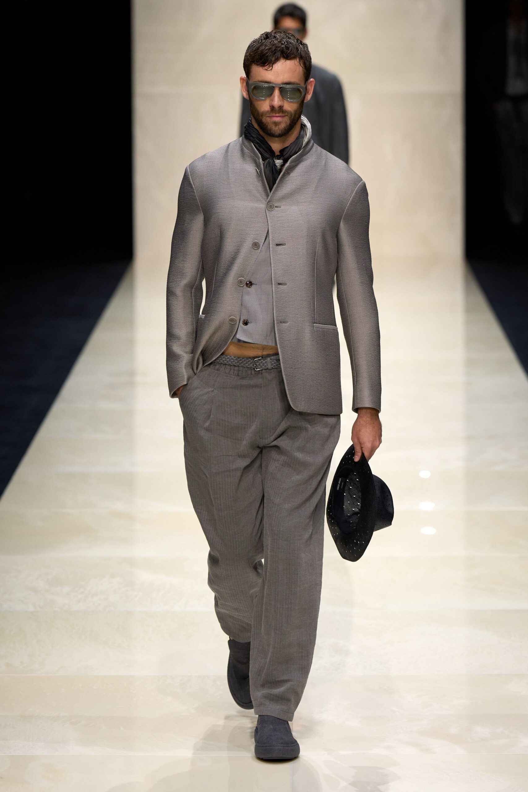 gray tailored suit with accessories