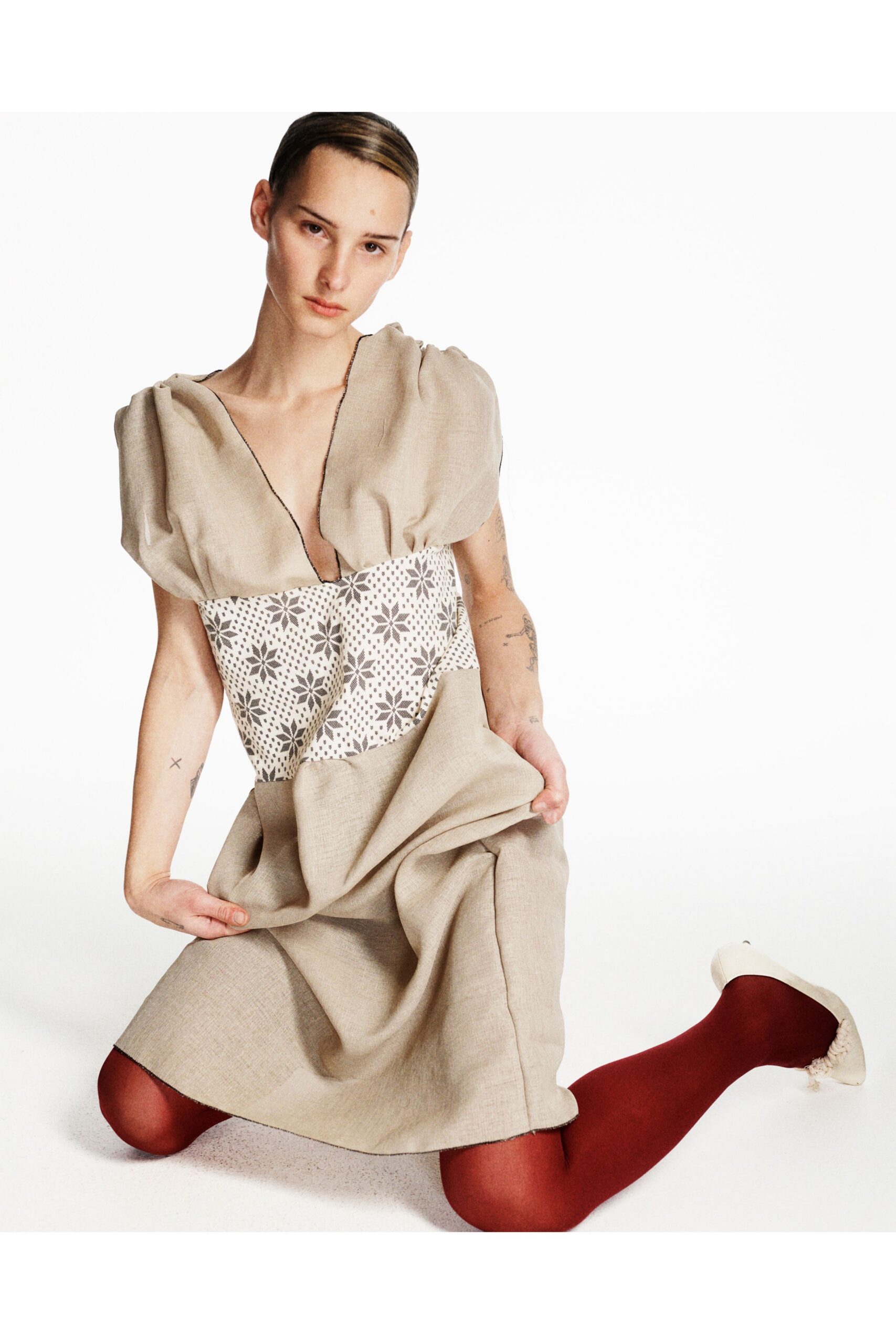 beige cotton short-sleeve v-neck relaxed pleated embroidered dress