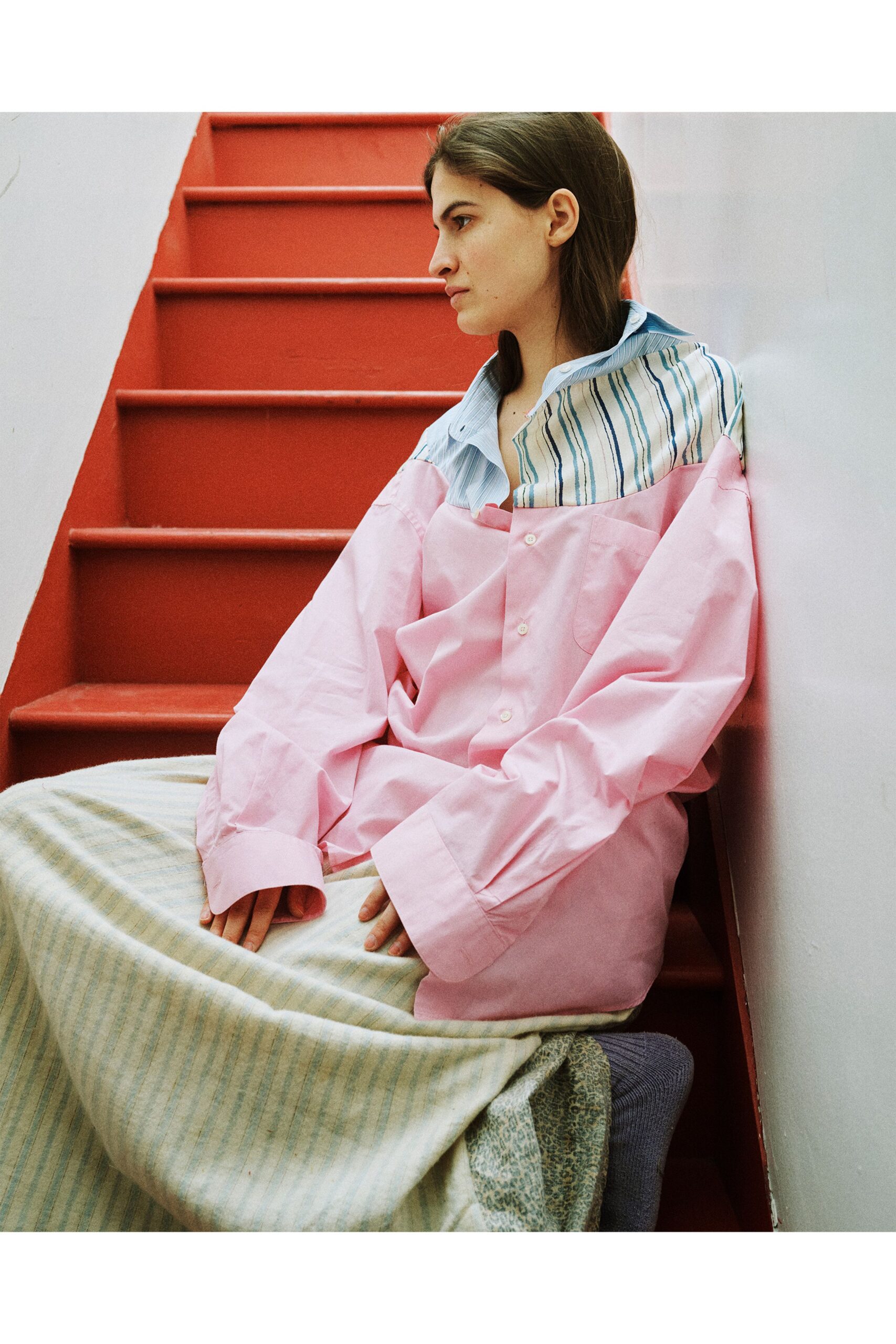 pink cotton long-sleeve collared oversized striped shirt